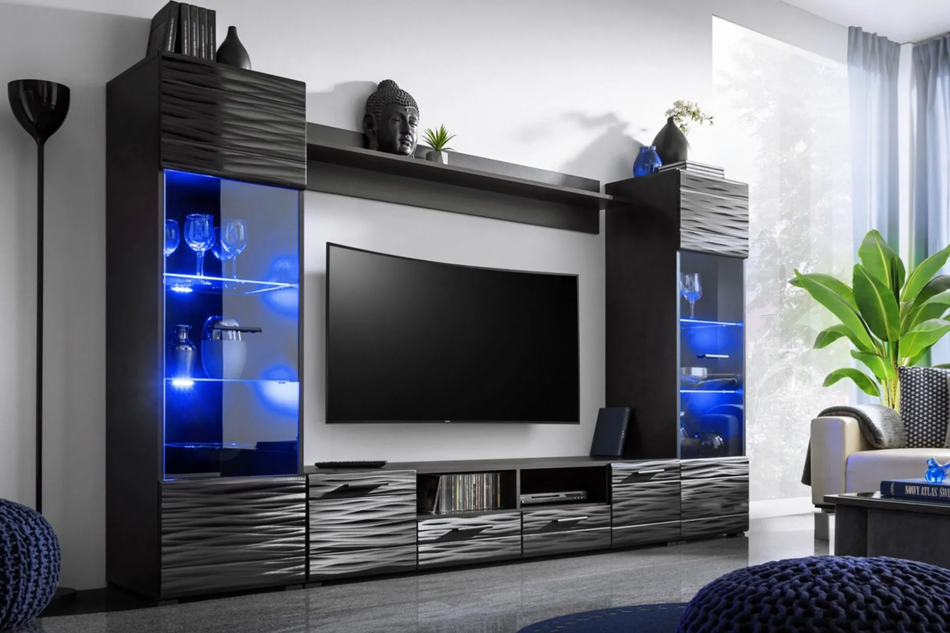 Apryl Modern TV mediamøbel med vitrineskap og LED-belysning