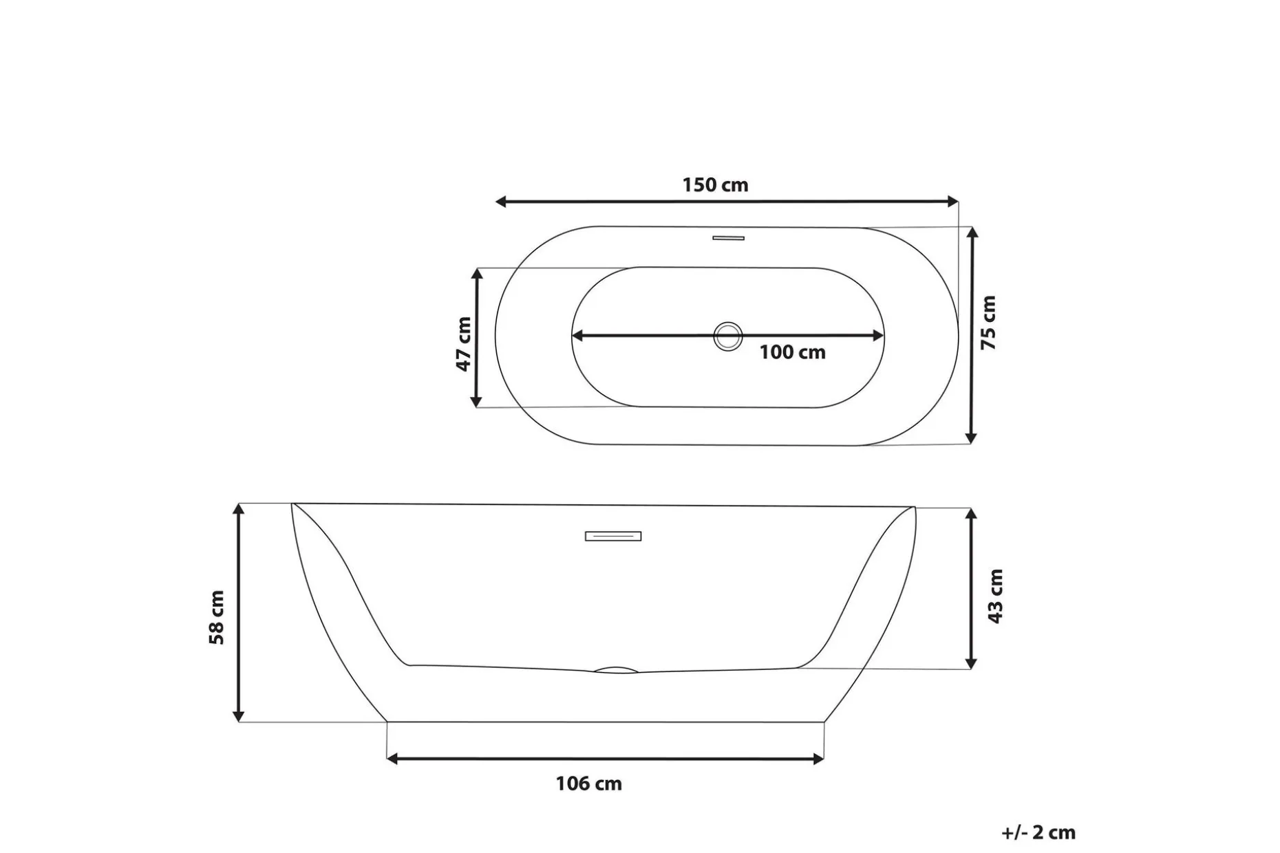 Badkar frittstående 150 cm hvit CARRERA