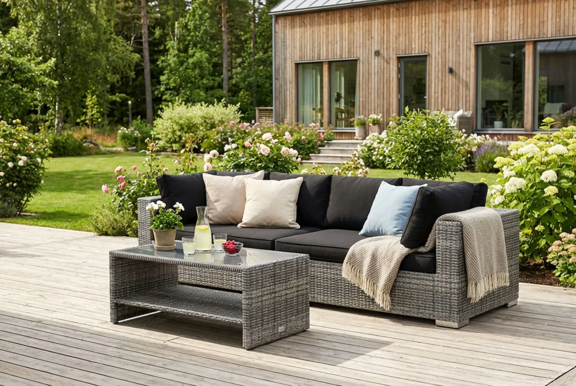 Bahamas utesofa 4-seters med bord og hylle