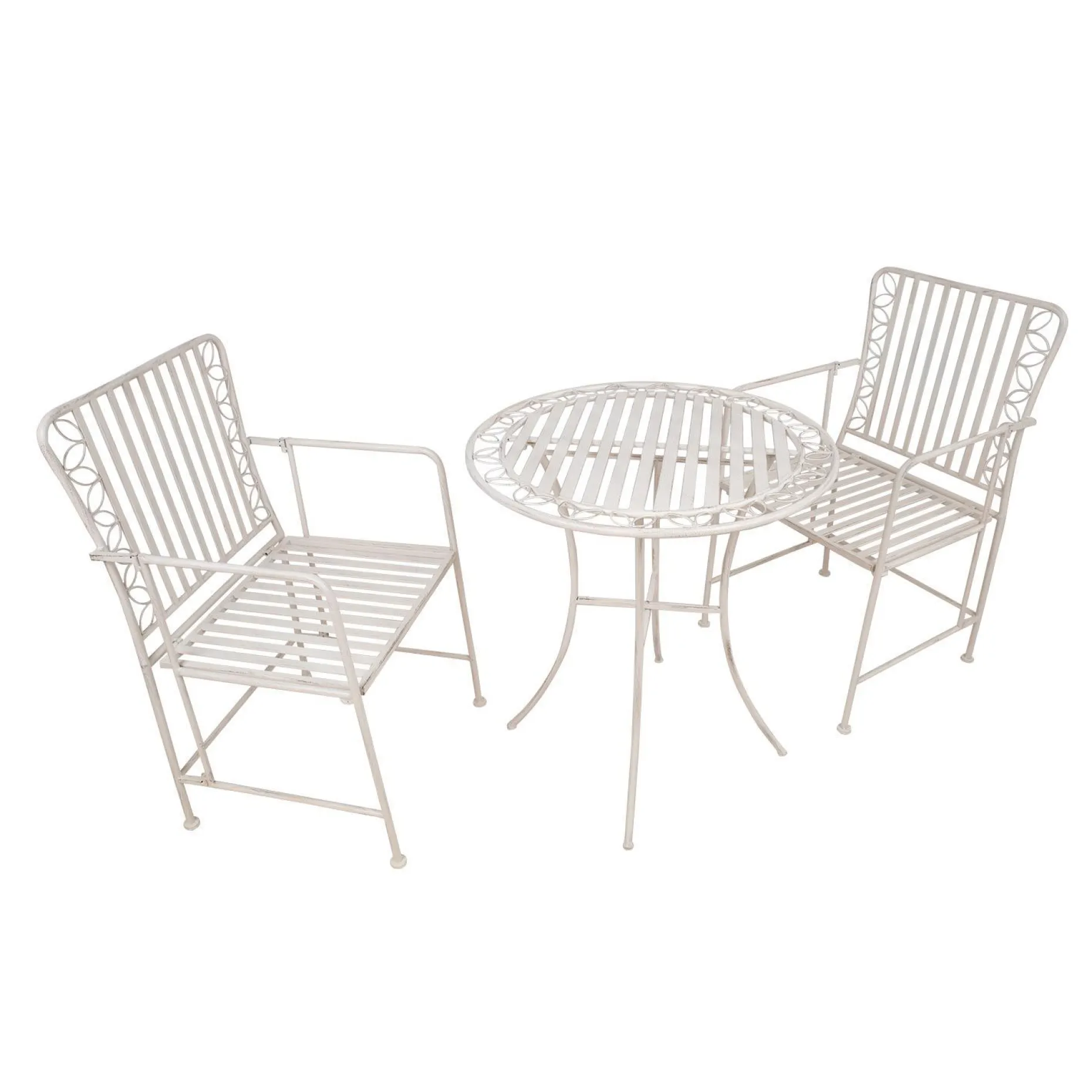 Balkongsett HOME4YOU Jasmine bord og 2 stoler antikkhvitt metall