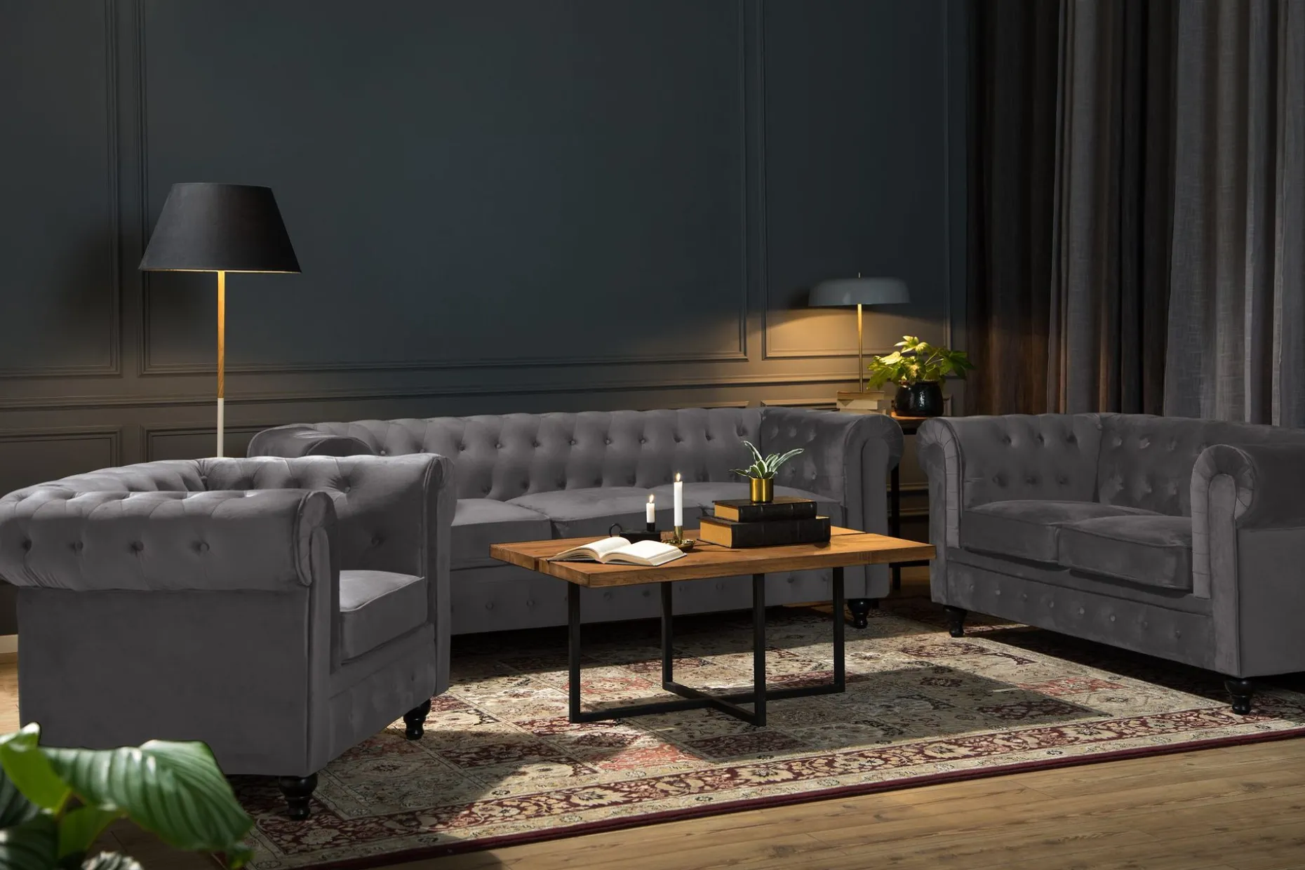 Chesterfield Luksus Sofagruppe 3+2+1 i Fløyel