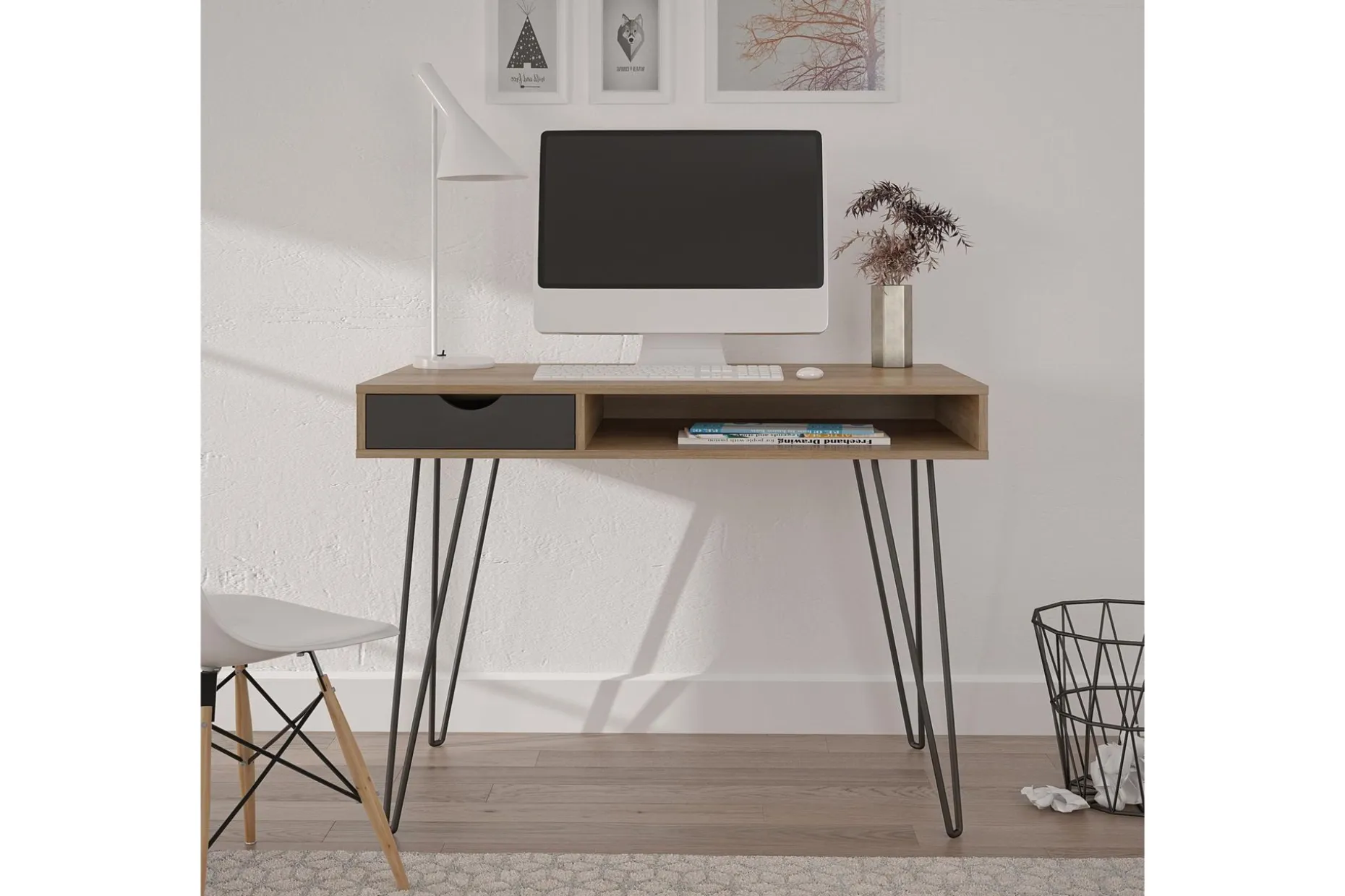 Concord Skrivebord 106 cm med Oppbevaring Skuff Grå/Natur/Sv
