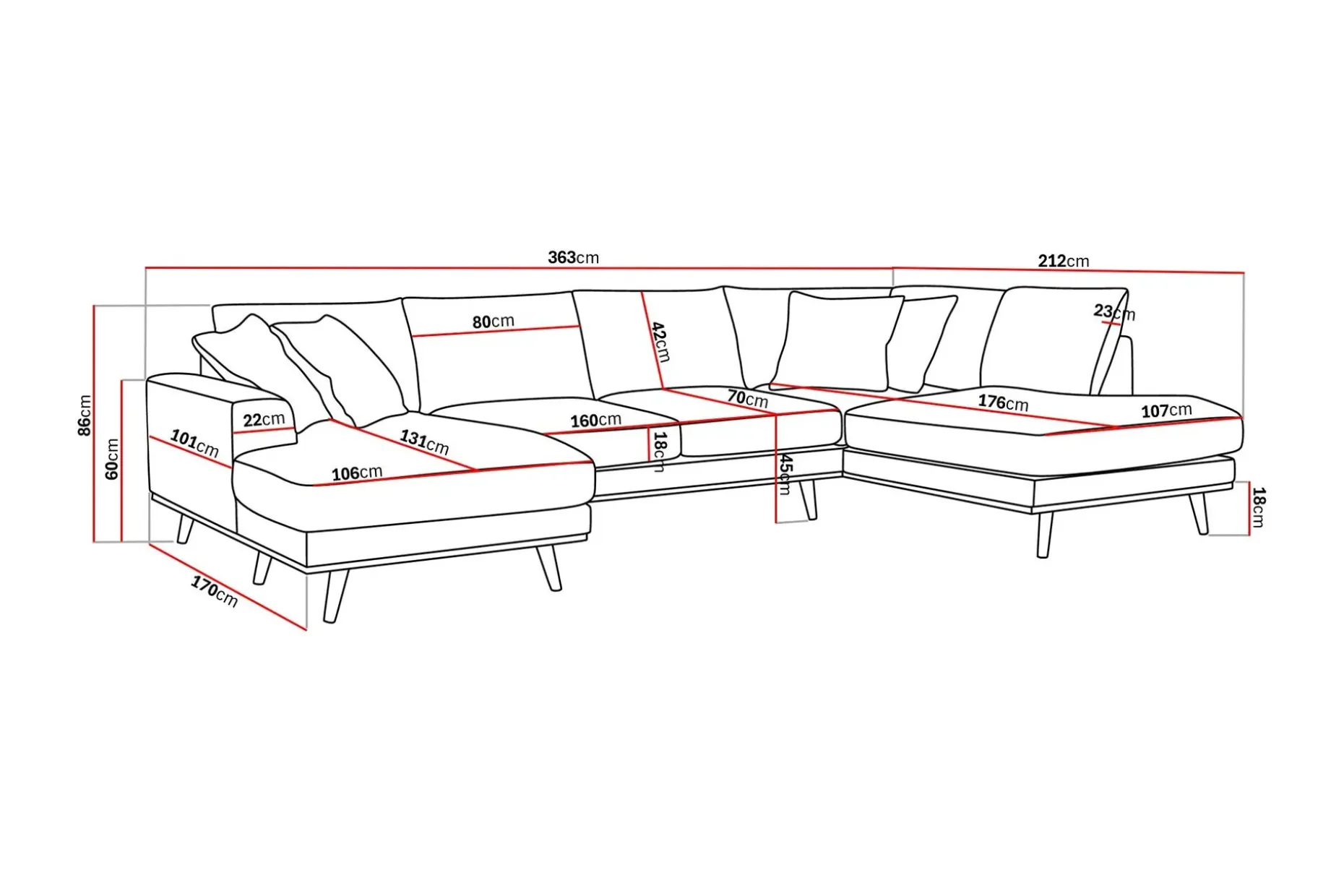Copenhagen Premium 5-personers Højrevendt U-formet Dyb Sofa med Divan og Chaiselong i Stoff