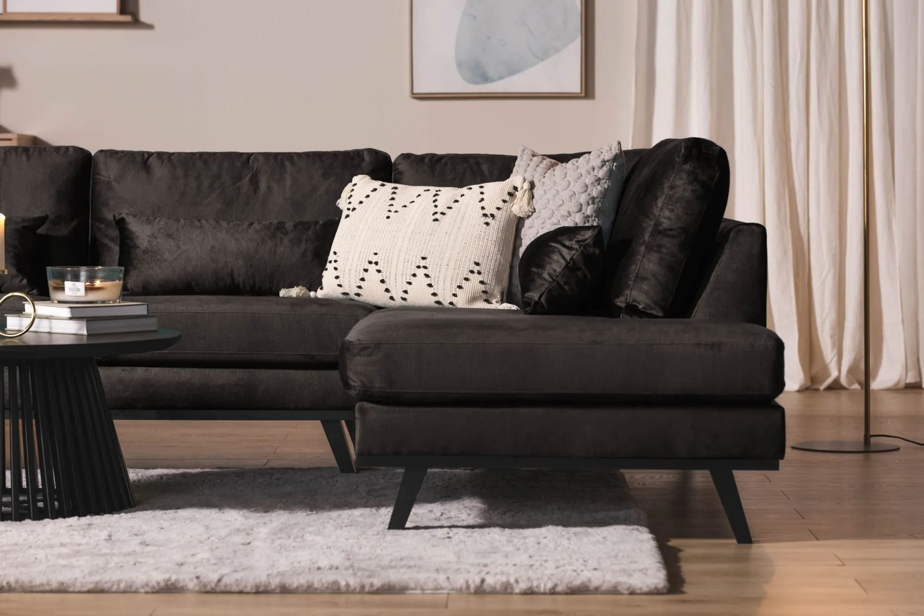 Copenhagen 5-seters Høyrevendt U-formet Sofa med Divan og Sjeselong i Fløyel