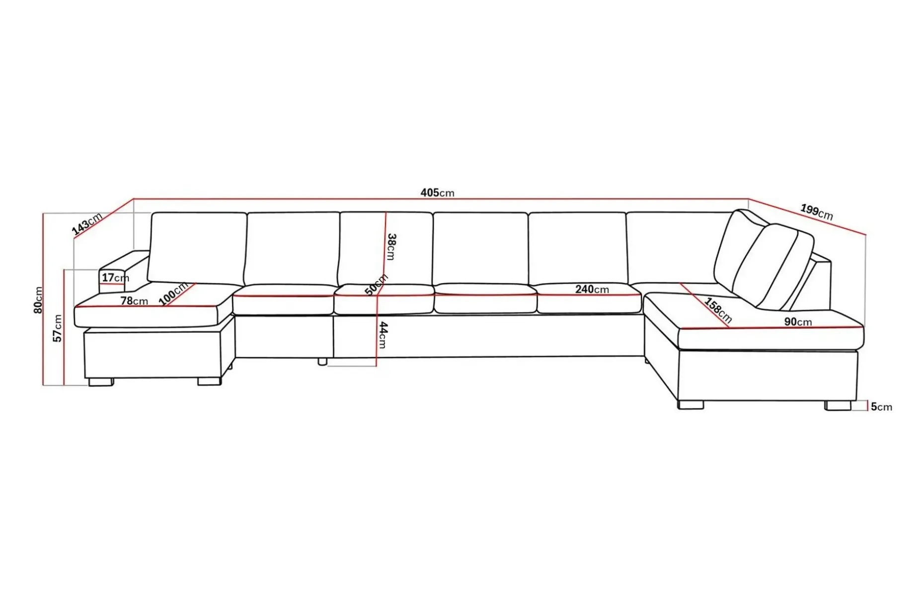 Crazy 6-seters Høyrevendt U-formet XX-Large Sofa med Divan og Sjeselong i Stoff