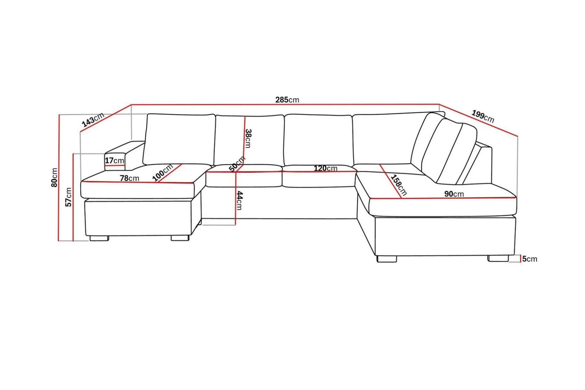 Crazy 4-seters Høyrevendt U-formet Large Sofa med Divan og Sjeselong i Stoff