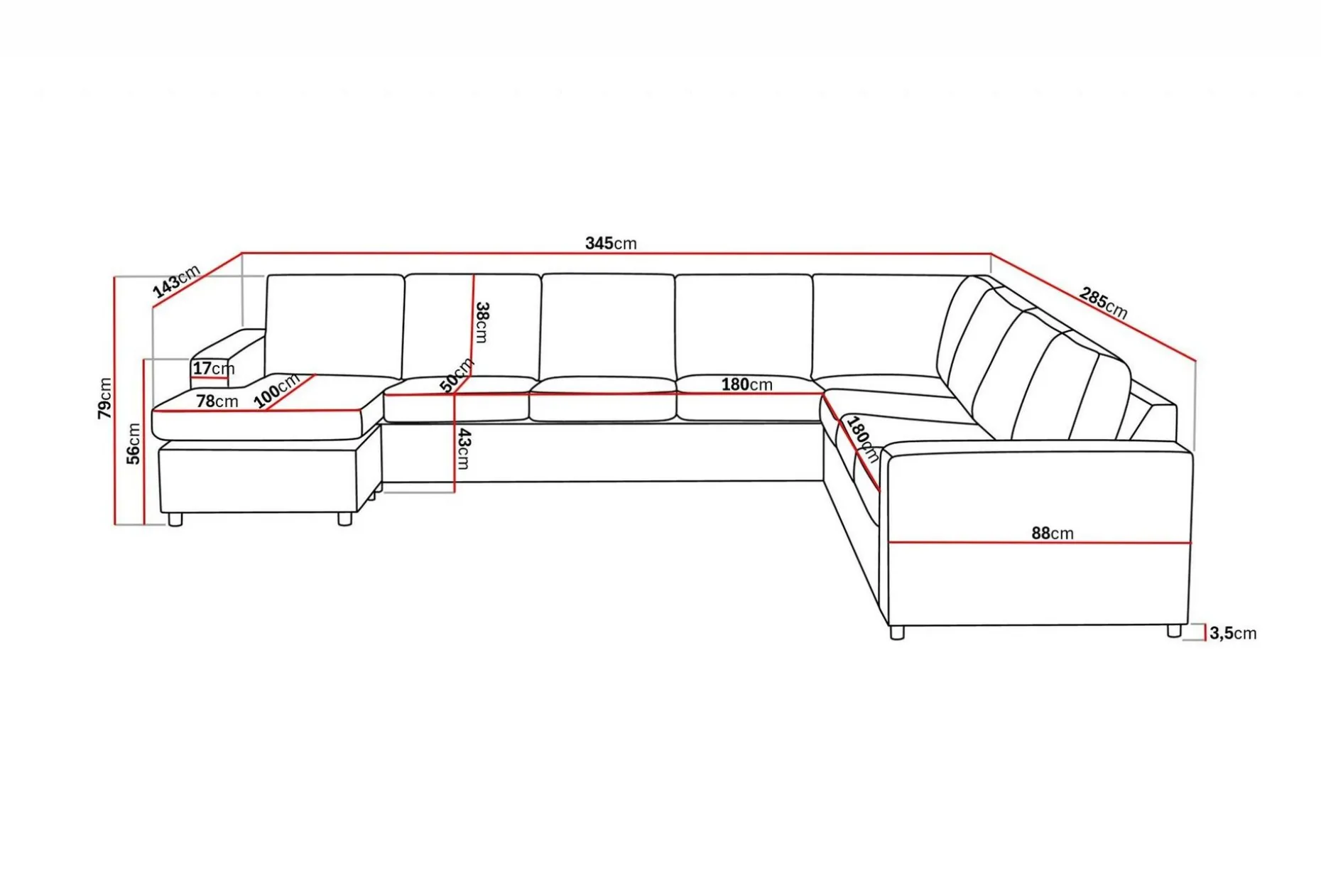Crazy 7-seters Vendbar U-formet XX-Large Hjørnesofa med Divan i Stoff