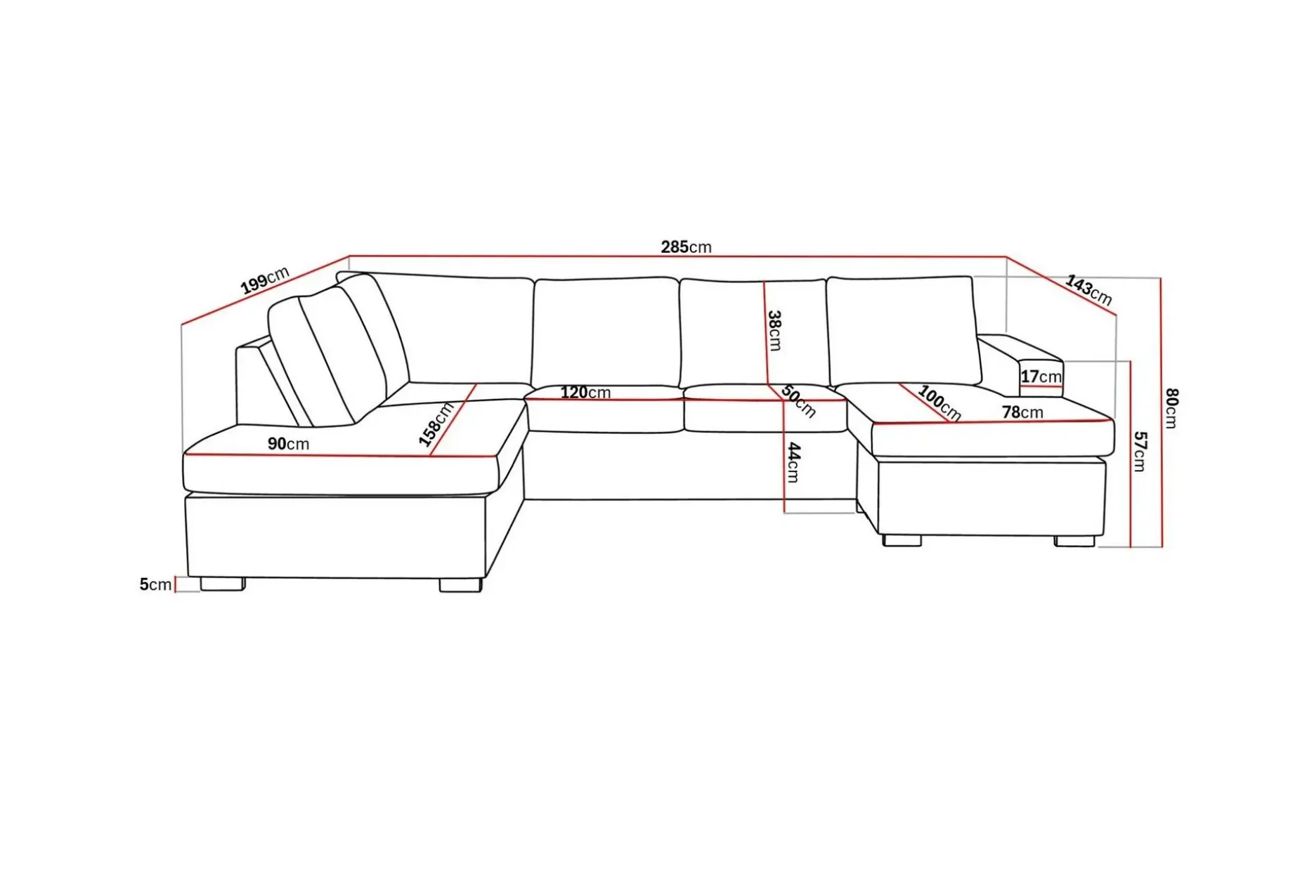 Crazy 4-seters Venstrevendt U-formet Large Sofa med Divan og Sjeselong i Stoff