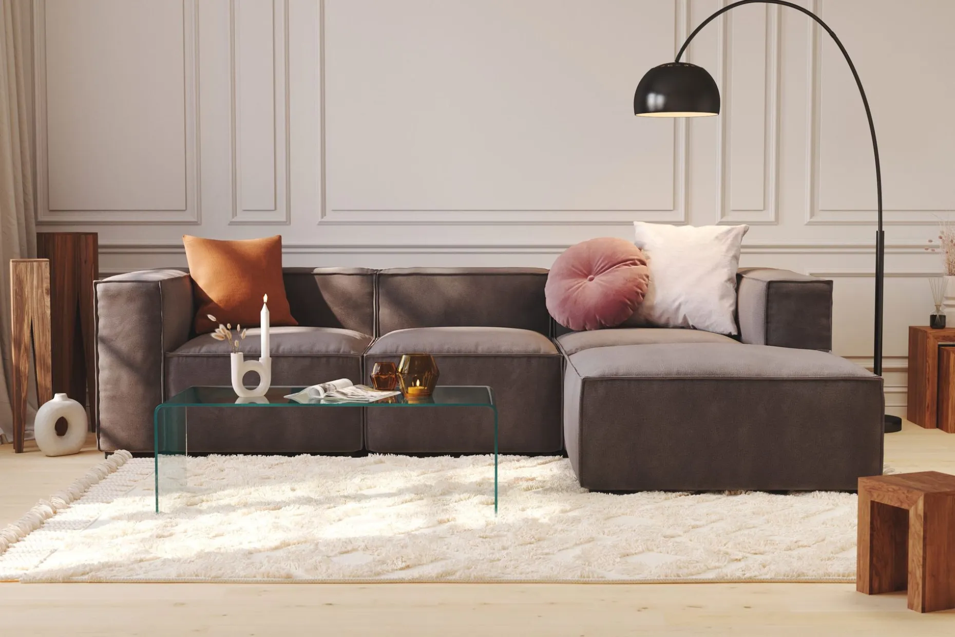 Cubo 4-seters L-formet Dyp Modulsofa med Divan i Fløyel