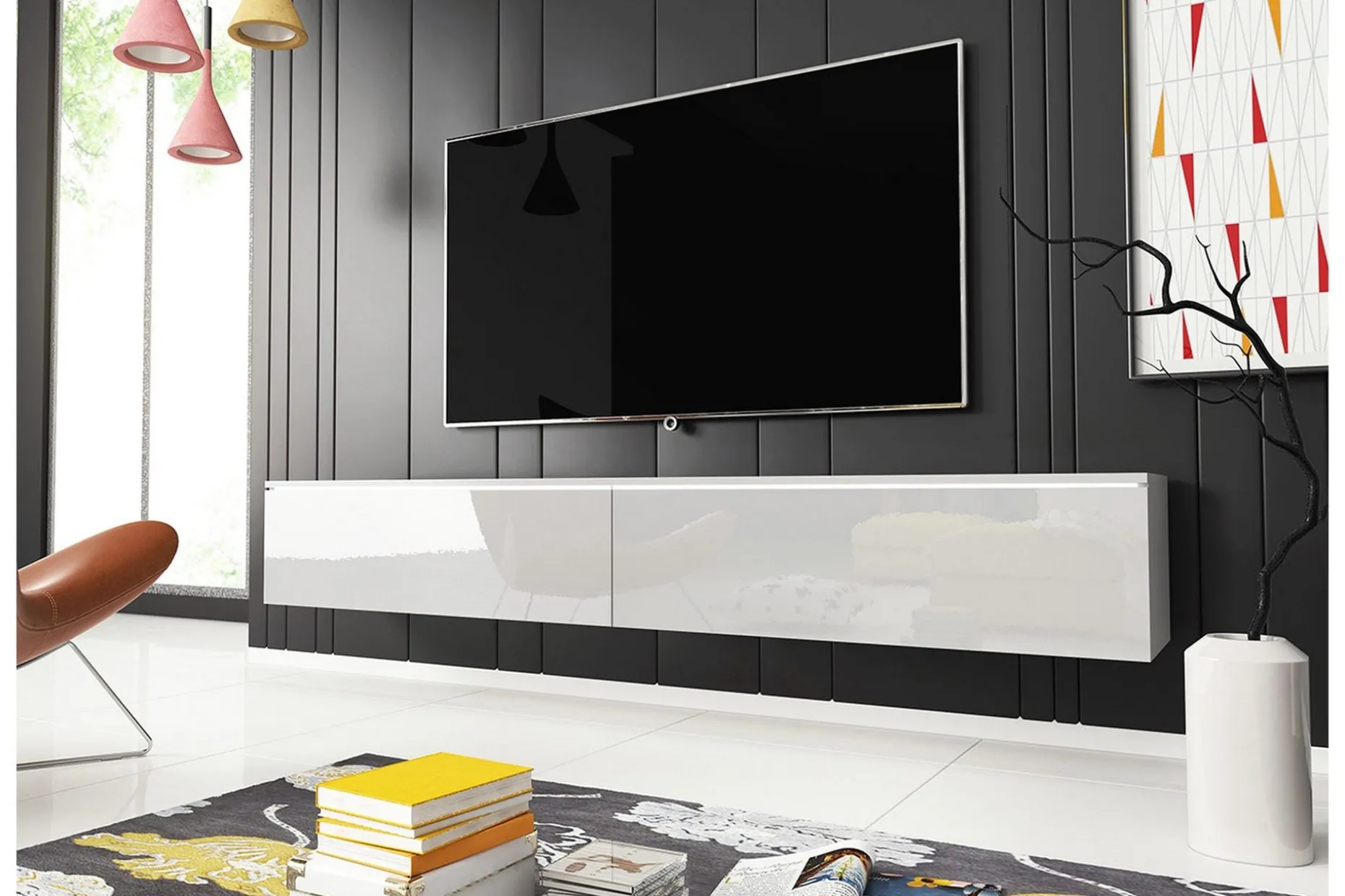 Cuguen Vegghengt TV-benk med oppbevaring 180x32x30 cm