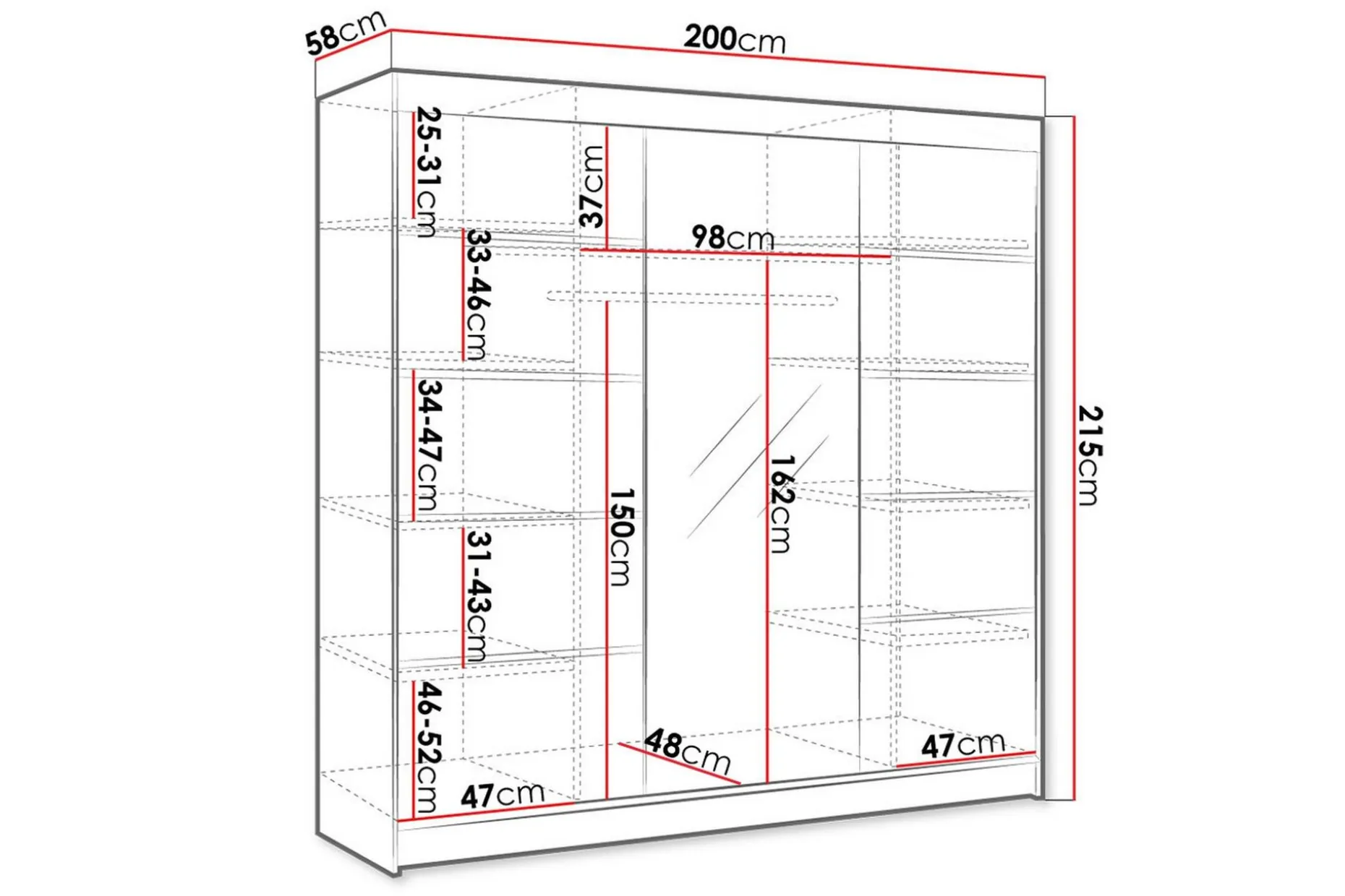 Cyria Garderobe med romslig Oppbevaring og Skyvedører med Speil 200x215 cm