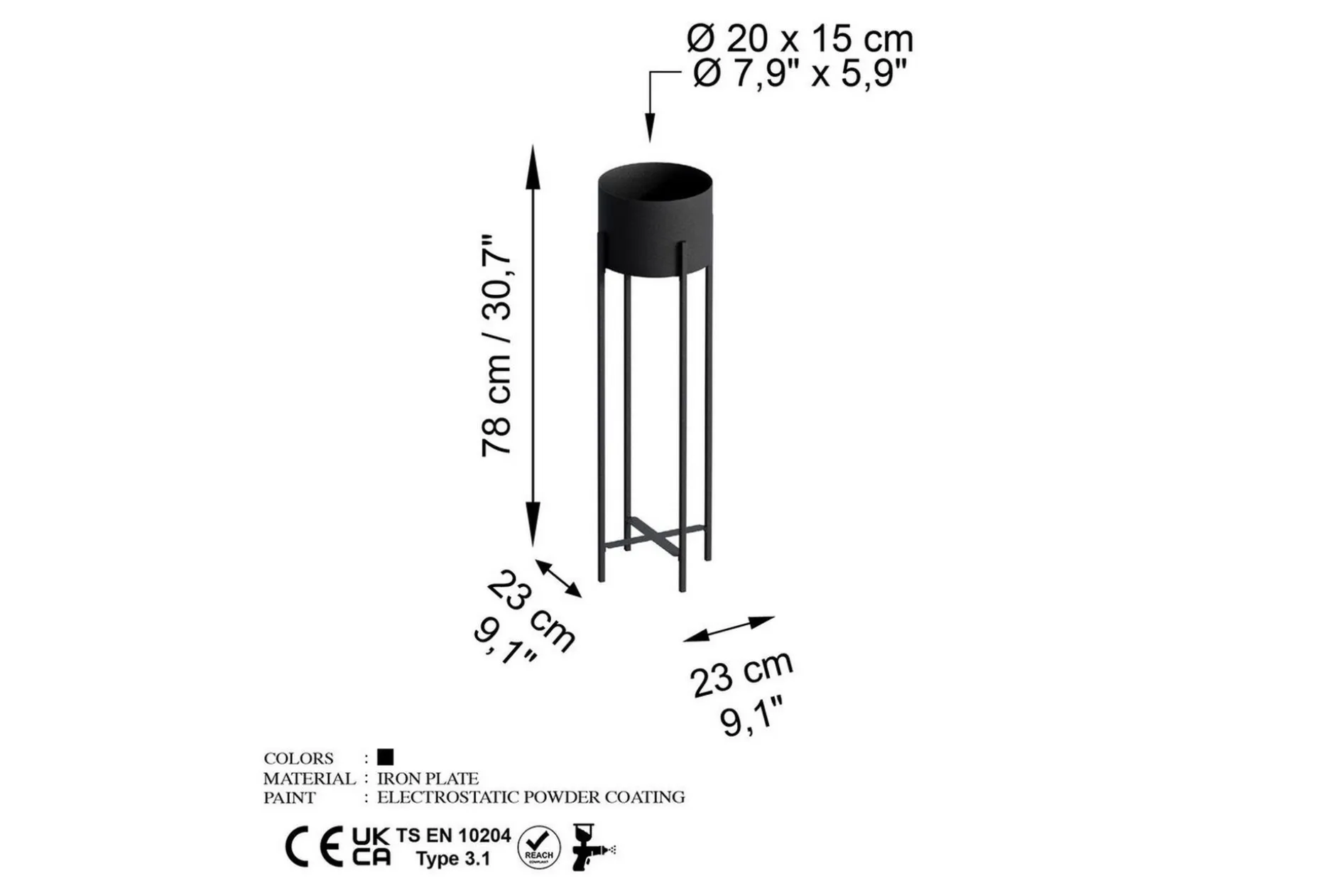 Dekorativ potte Mirven Svart 23 x 23 x 78 cm