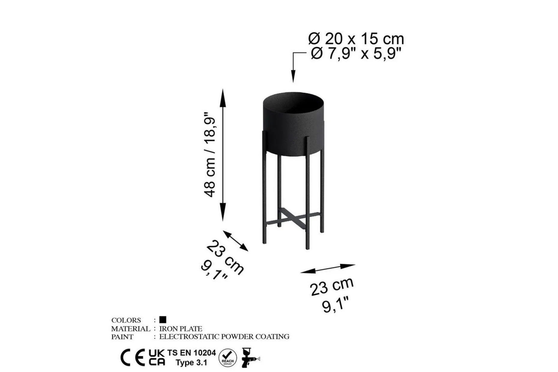 Dekorativ potte Mirven Svart 23 x 23 x 48 cm
