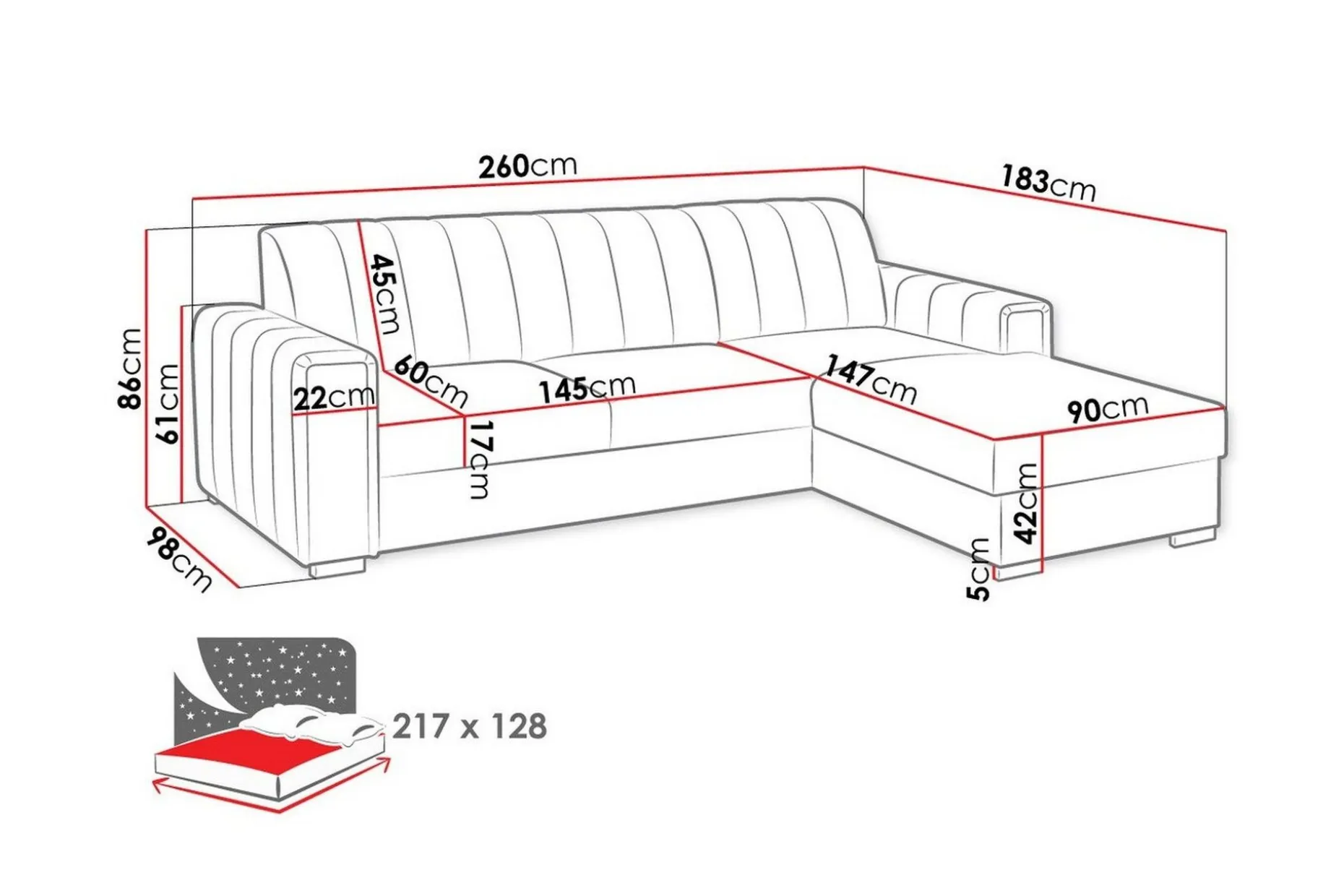 Denegal 3-sits Hörnbäddsoffa Black