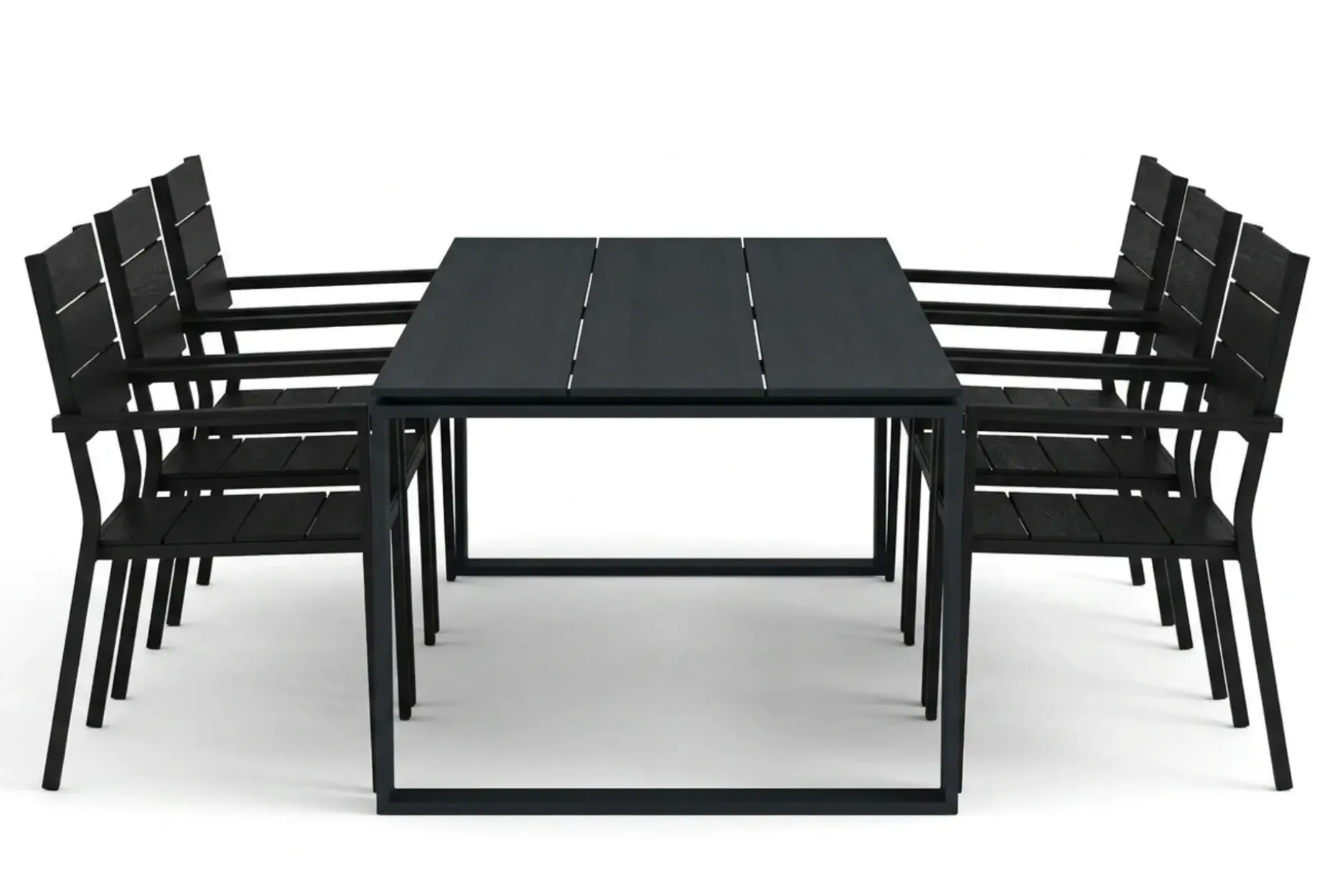 Devon utendørs spisegruppe 210x100 cm med 6 stablebare Tunis-stoler
