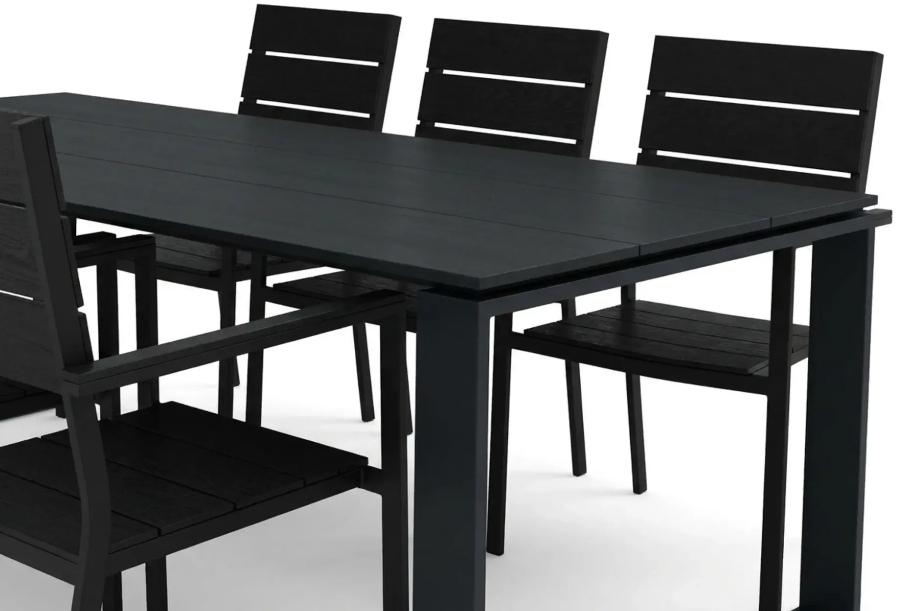Devon utendørs spisegruppe 210x100 cm med 6 stablebare Tunis-stoler