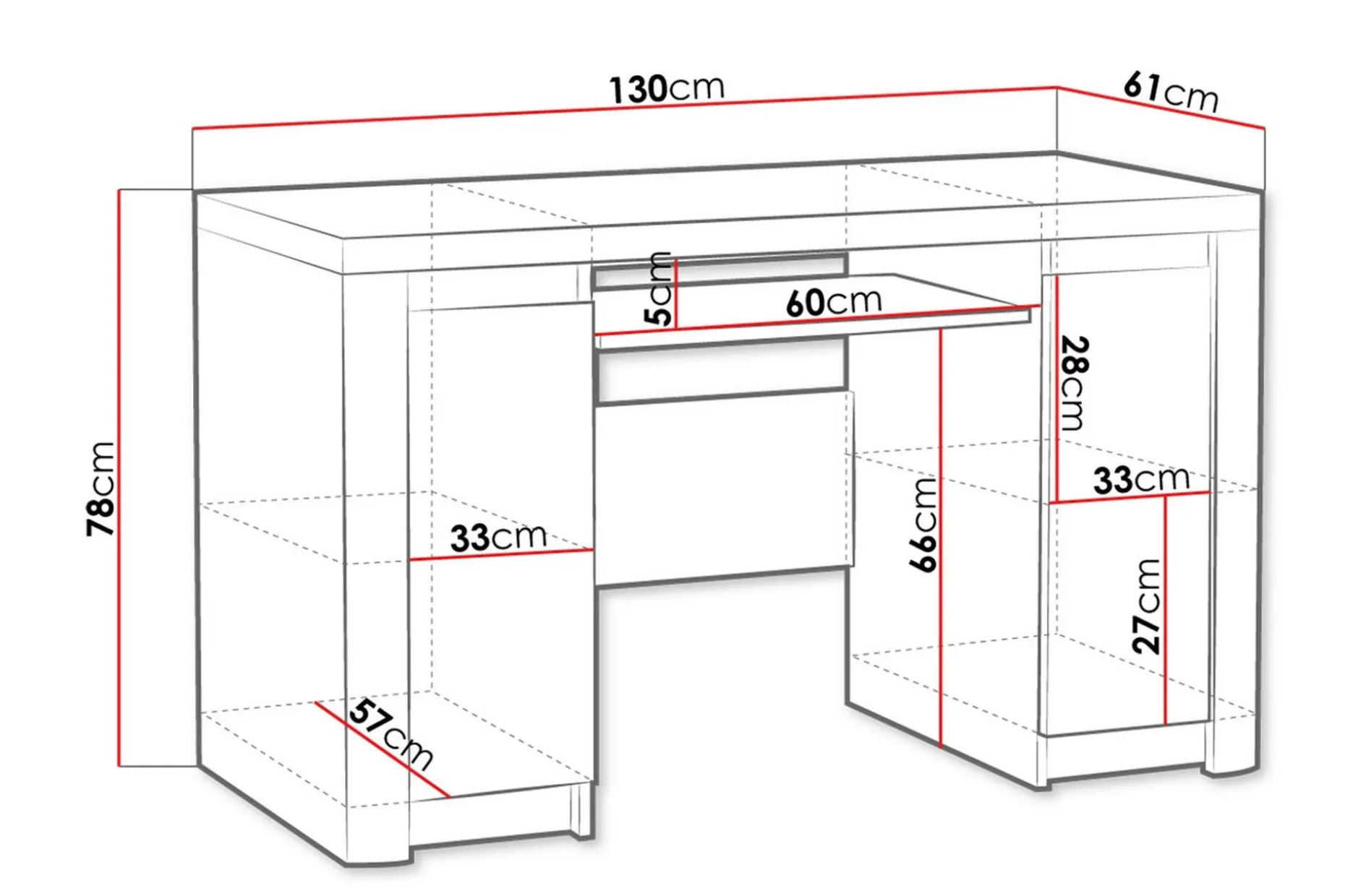 Domardon Skrivebord 130 cm med Oppbevaring 2 Skap