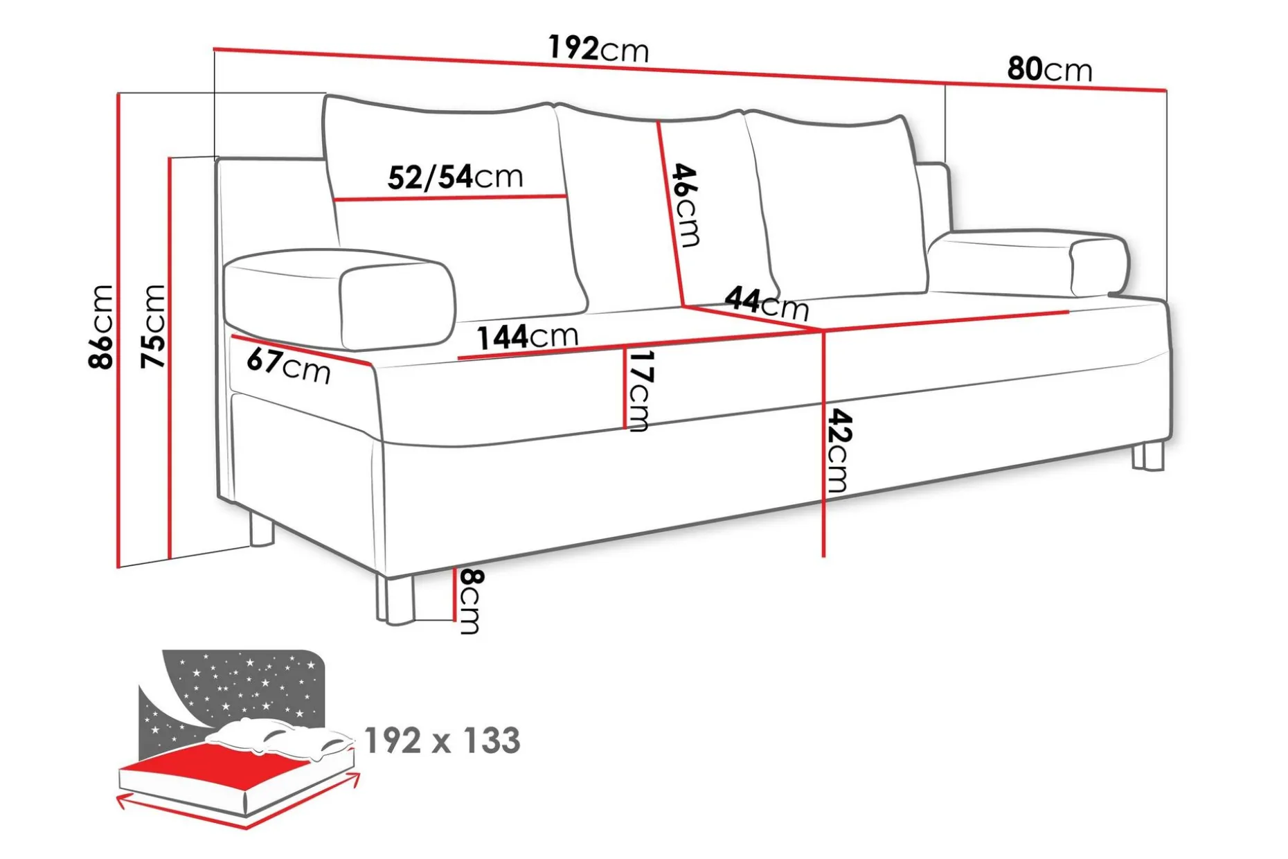 Dover Sovesofa 192x80x80 cm