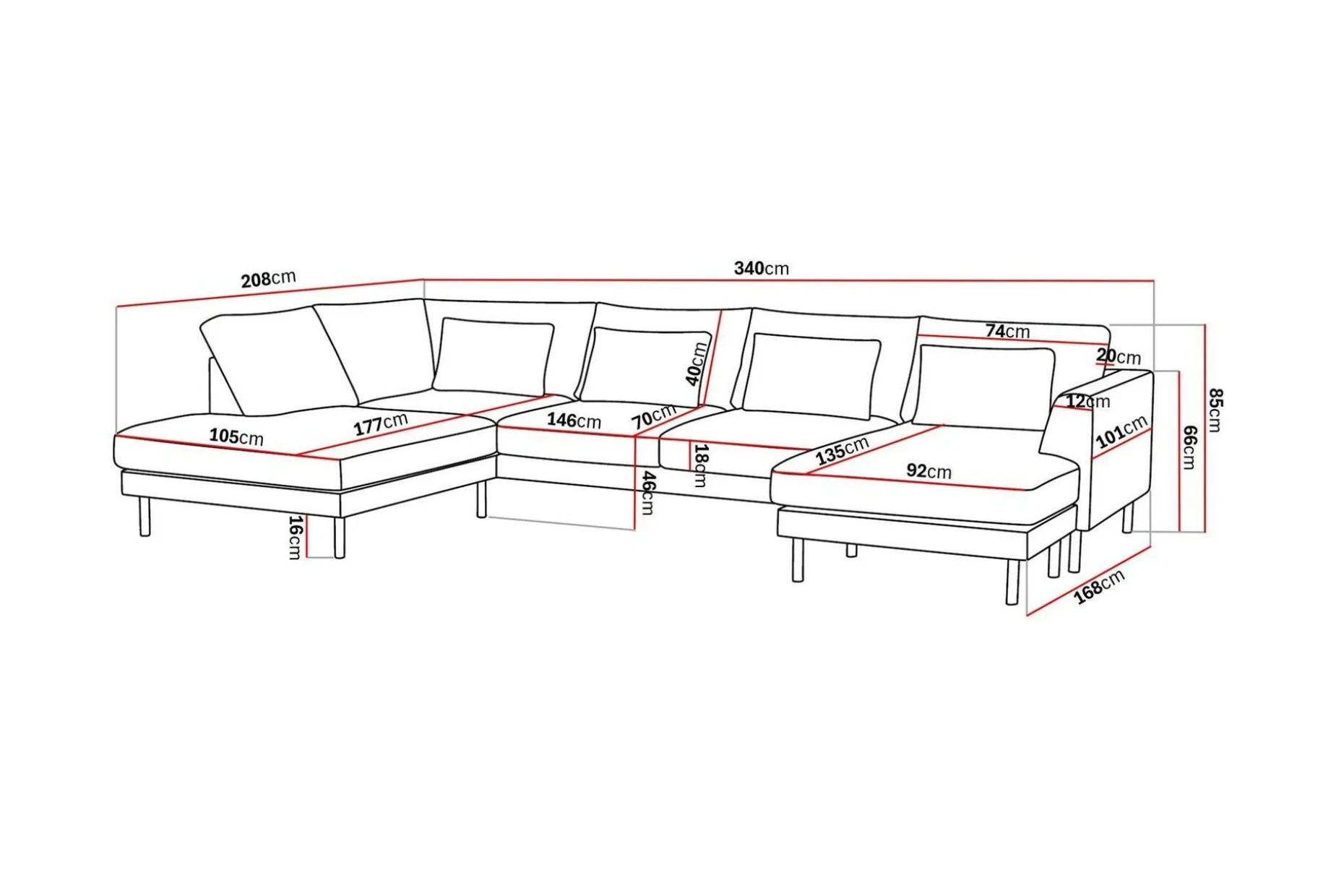 Florenz 4-seters Venstrevendt U-formet Sofa med Divan og Sjeselong i Chenille