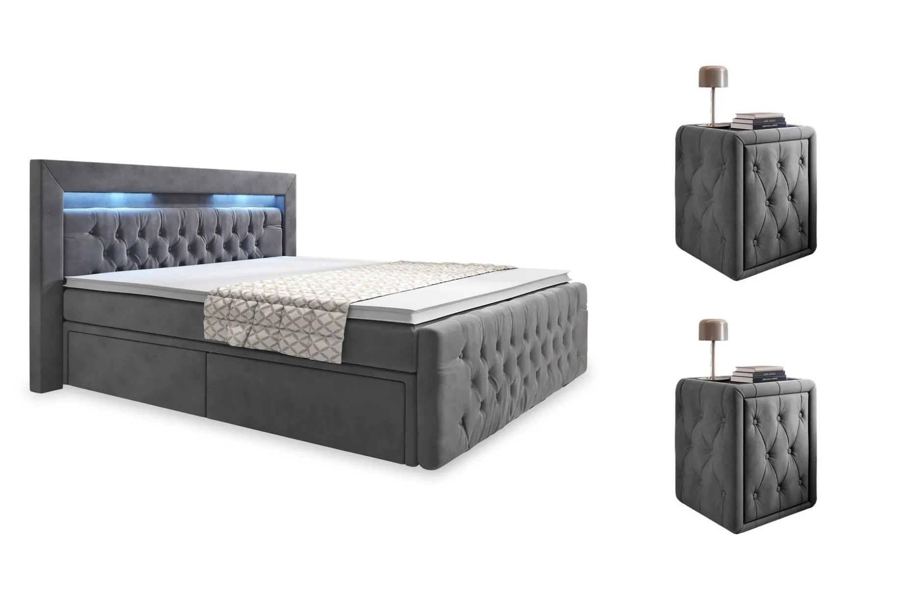 Franco Komplett Sengpakke med Oppbevaring LED-belysning 180x200 cm + 2 stk. Franco Nattbord