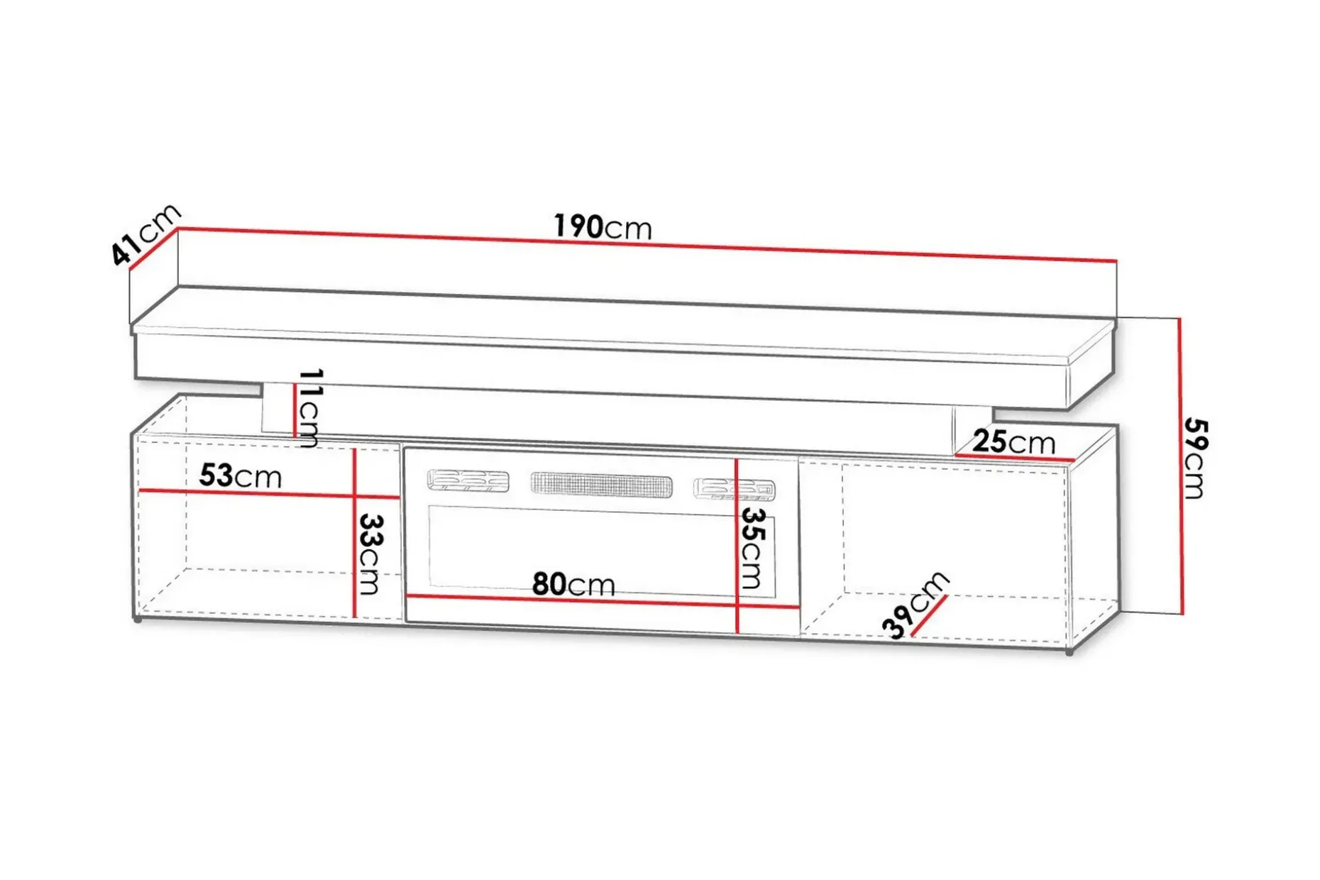 Glenndale TV benk med oppbevaring + LED kamin + Belysning 190 cm