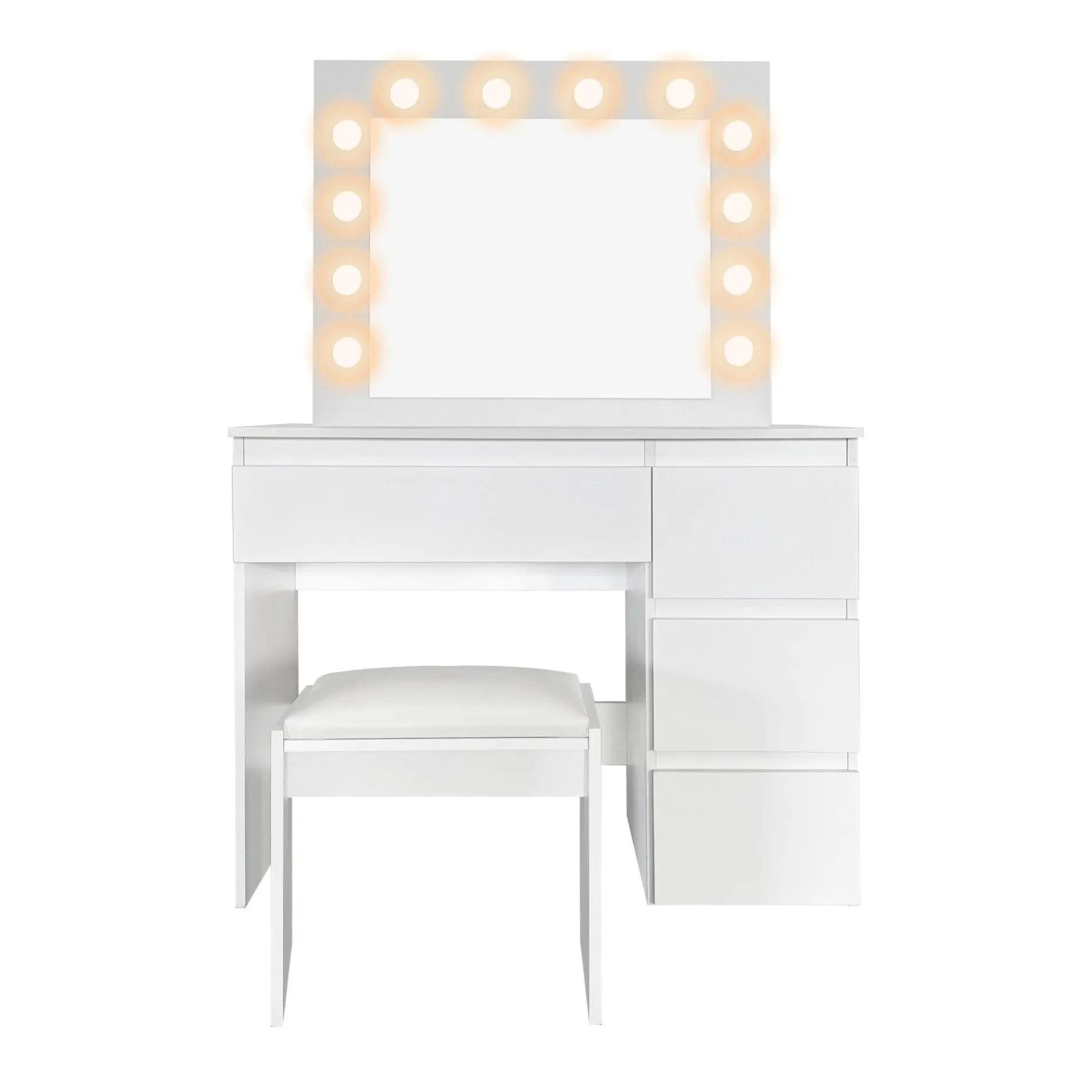 Glow Sminkebord 94 cm med speil skuffer og krakk - LED Belysning