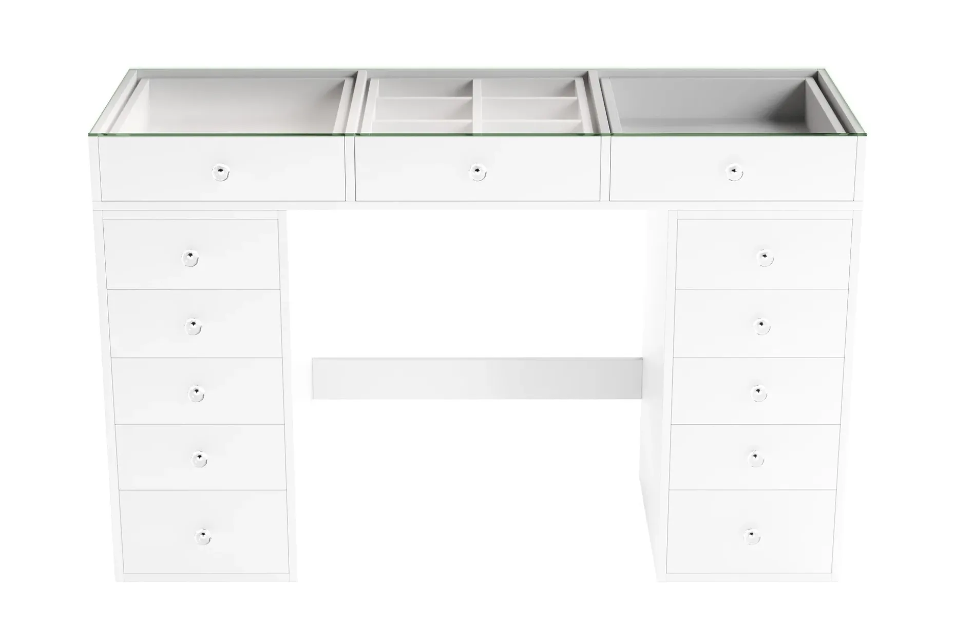 Glow Stort sminkebord med glassplate Oppbevaring med skuffer og rom 120 cm