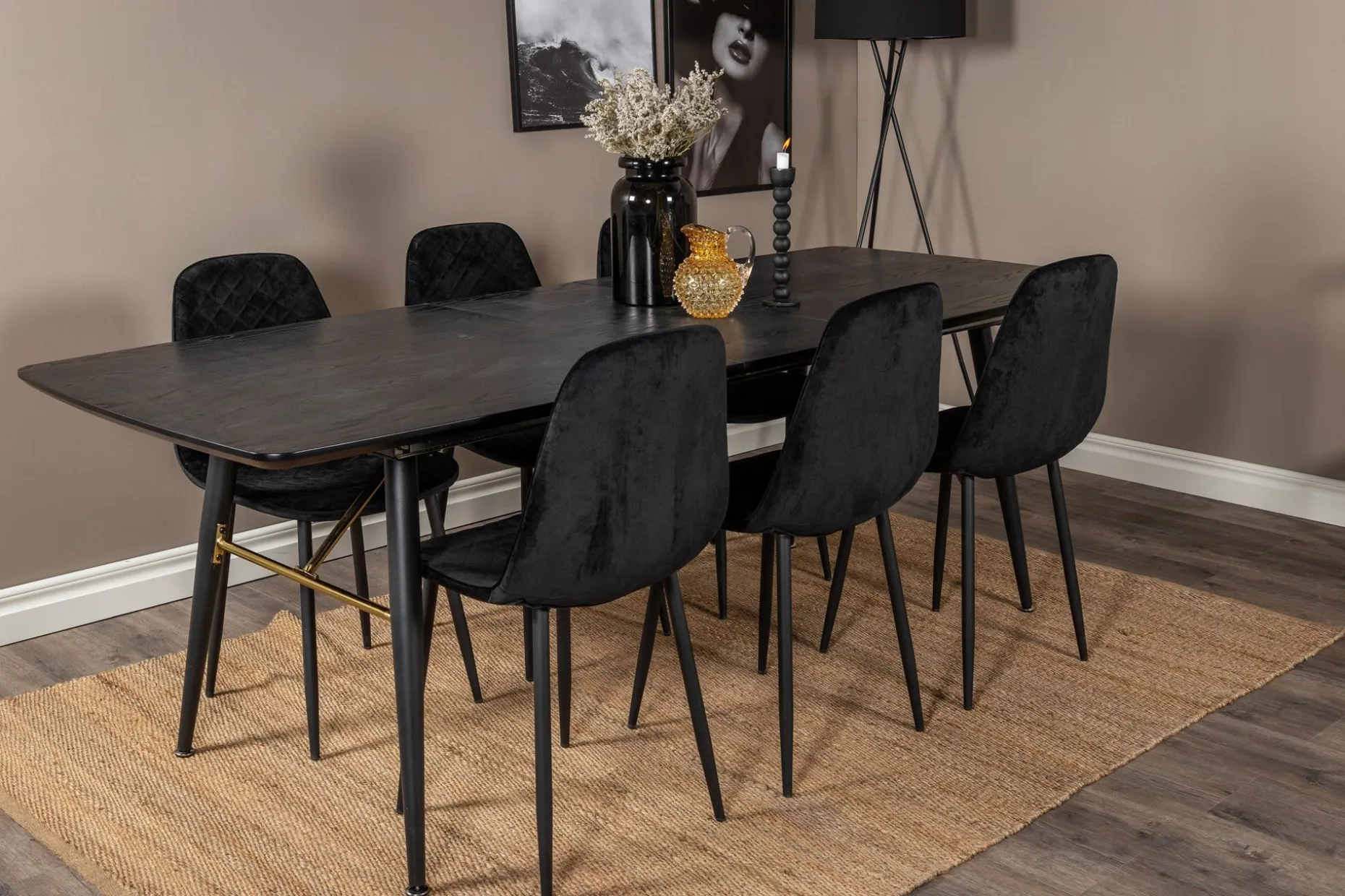Gold Spisegruppe Forlengningsbar 180-220 cm Rektangulær med 6 Polar Stoler
