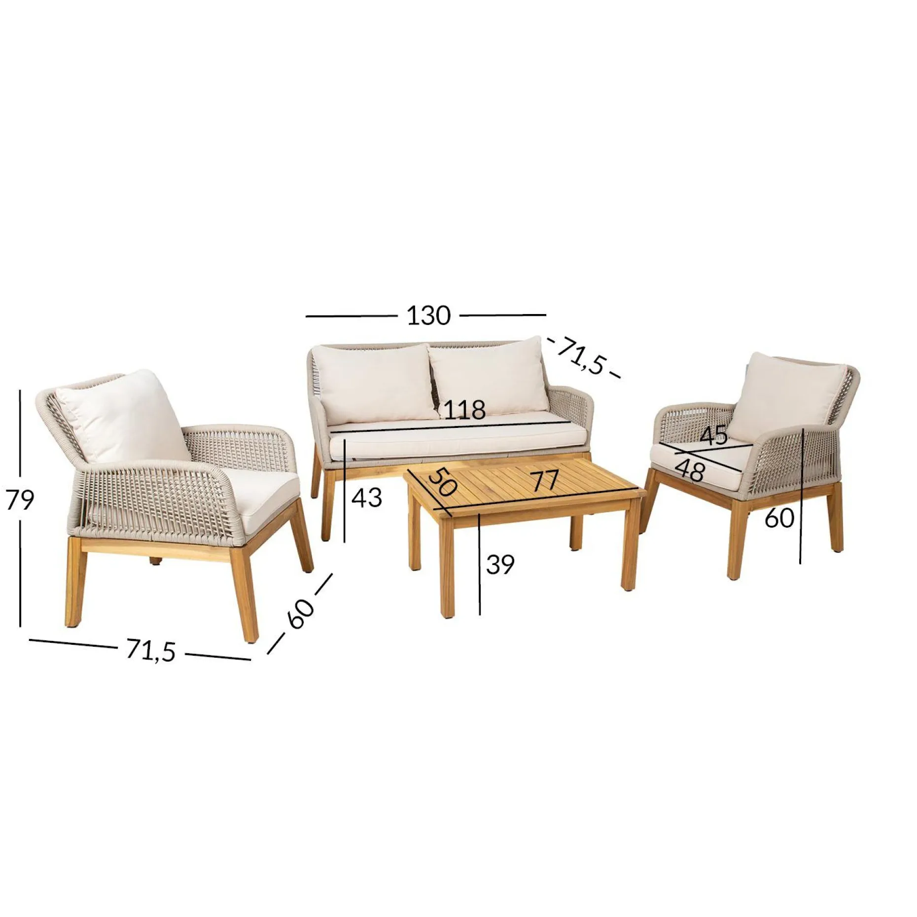 Hagemøbelsett HOME4YOU Florida bord, sofa og 2 lenestoler Beige