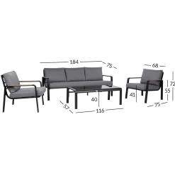 Hagemøbelsett HOME4YOU Lona bord, sofa og 2 stoler grå/svart