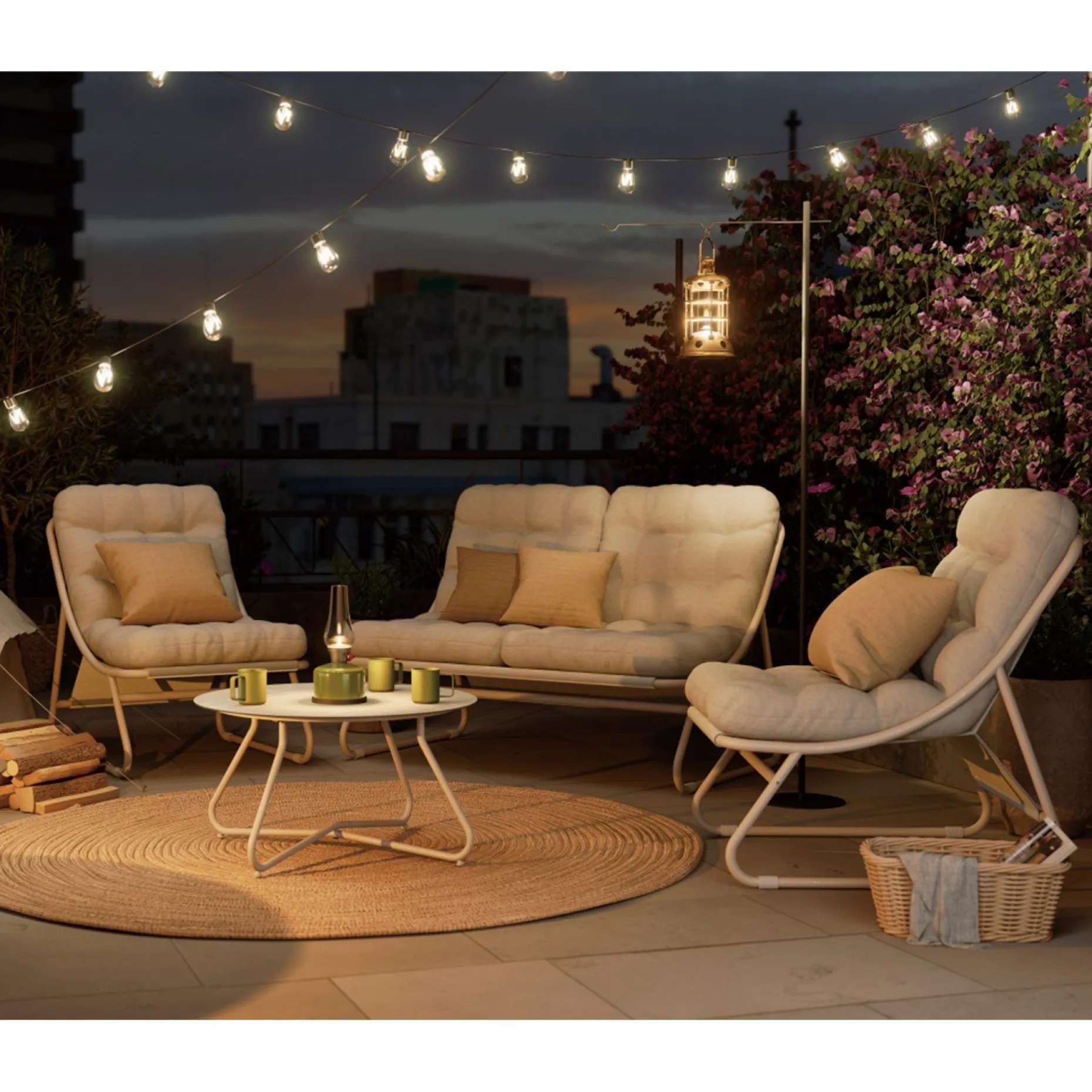 Hagemøbelsett HOME4YOU Samba bord, sofa og 2 stoler lysegrå