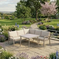 Hagemøbelsett HOME4YOU Upland bord og hjørnesofa beige
