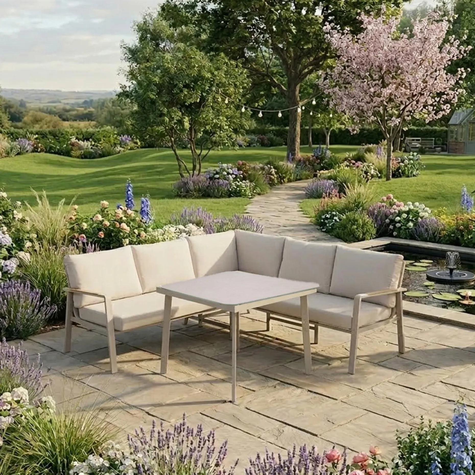 Hagemøbelsett HOME4YOU Upland bord og hjørnesofa beige