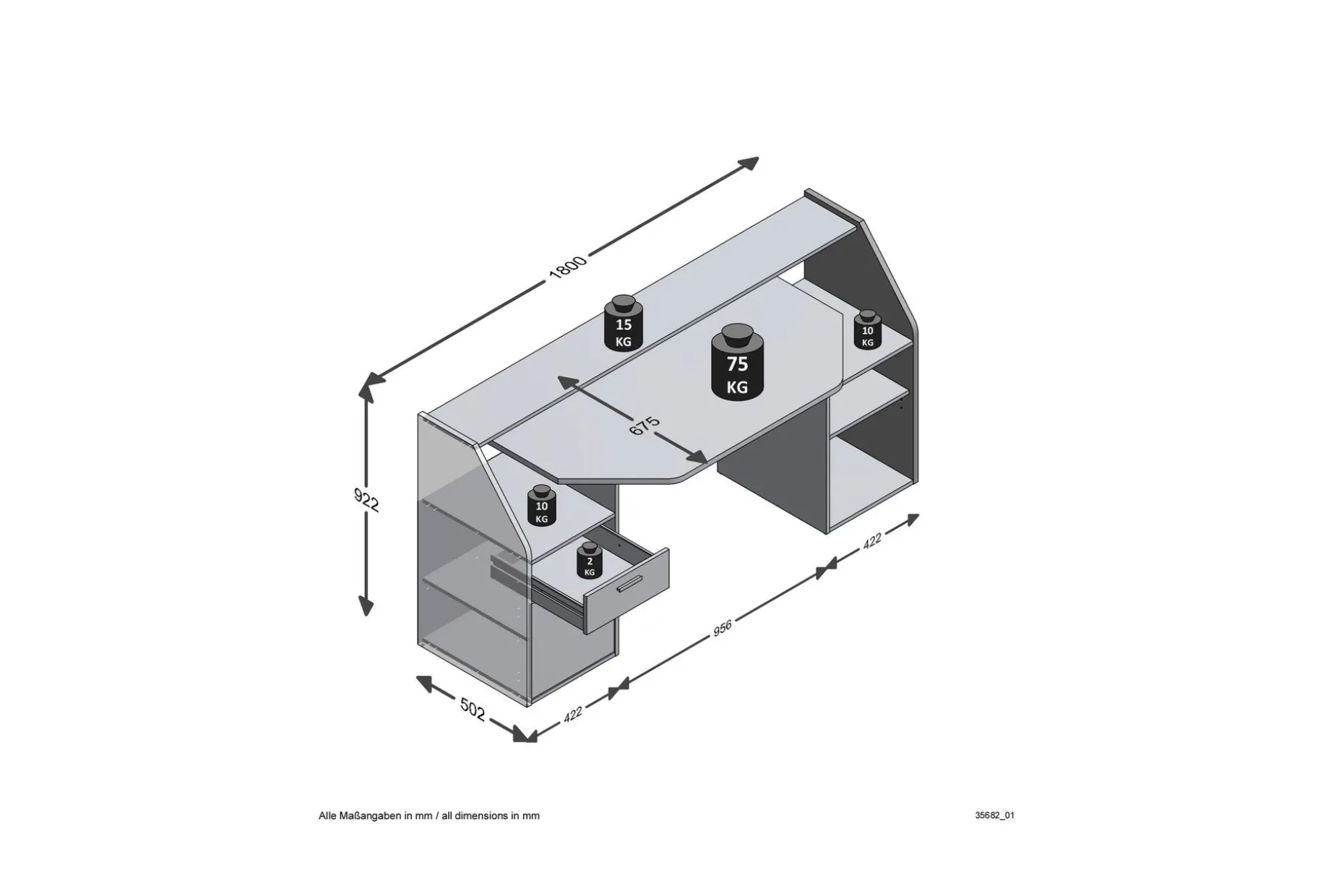 Harvilchuck Skrivebord med Oppbevaringshyller + Skuff + Skap