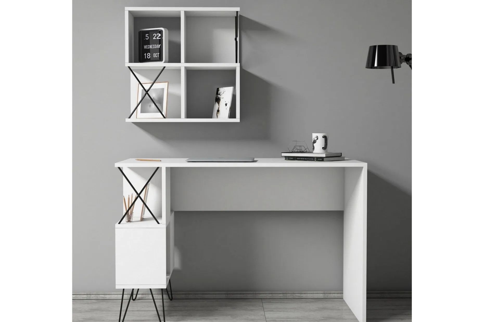 Hovdane Skrivebord 120 cm med Oppbevaring Hylle + Bokhylle L