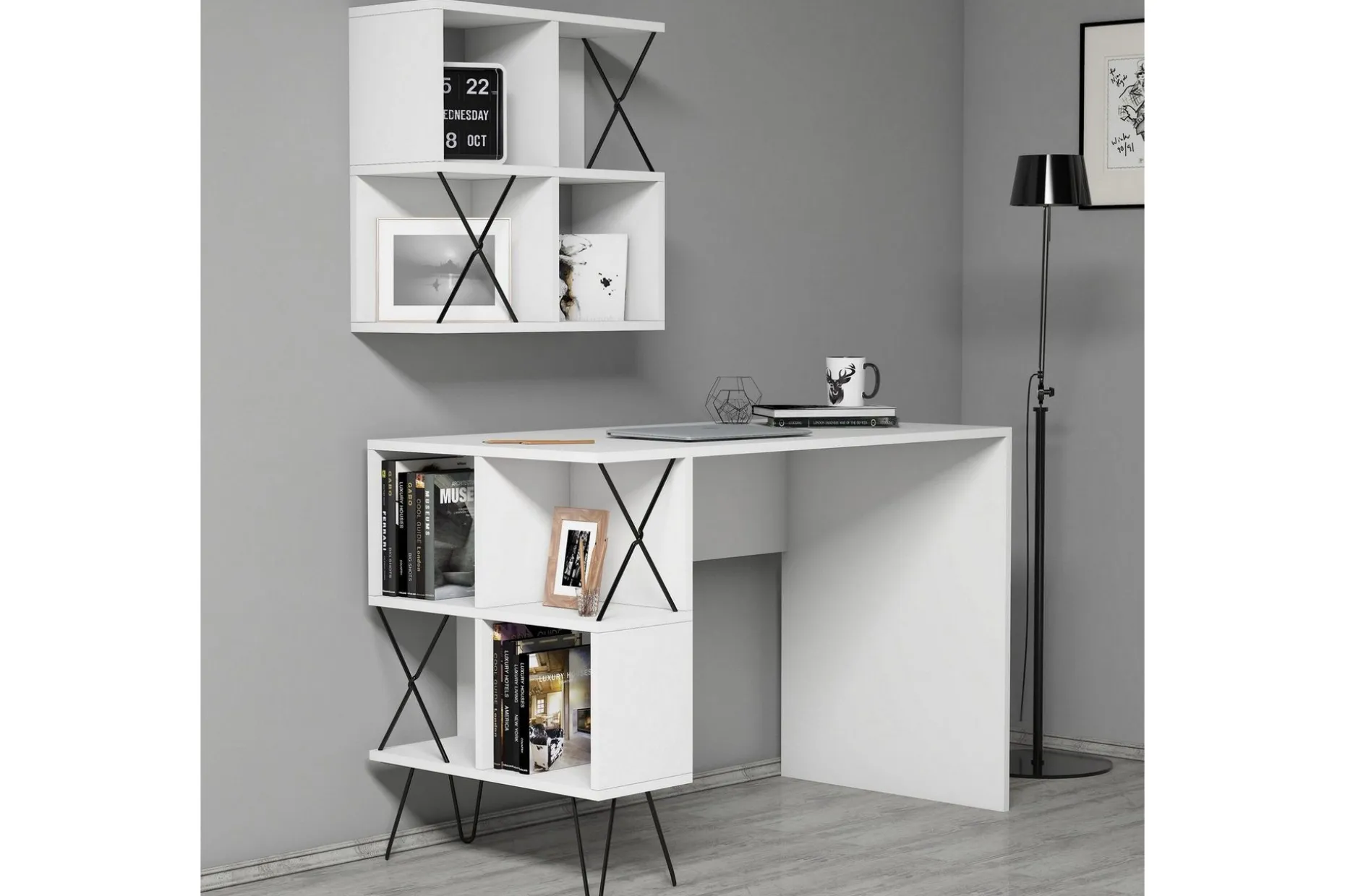 Hovdane Skrivebord 120 cm med Oppbevaring Hylle + Bokhylle L