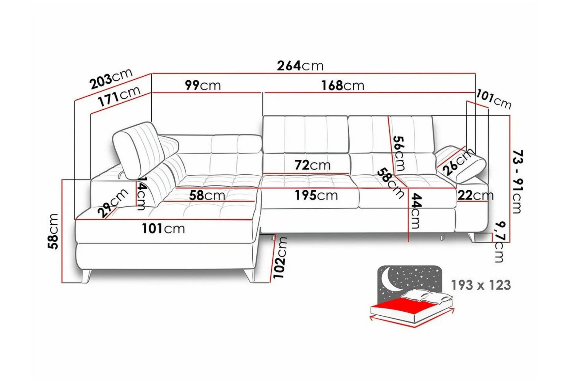 Kintore 3-sits Hörnbäddsoffa Black