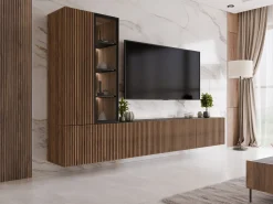 Klinkerville møbelsett ribbet TV-benk vitrineskap med LED-belysning vegghengt - gulvstående 260 cm