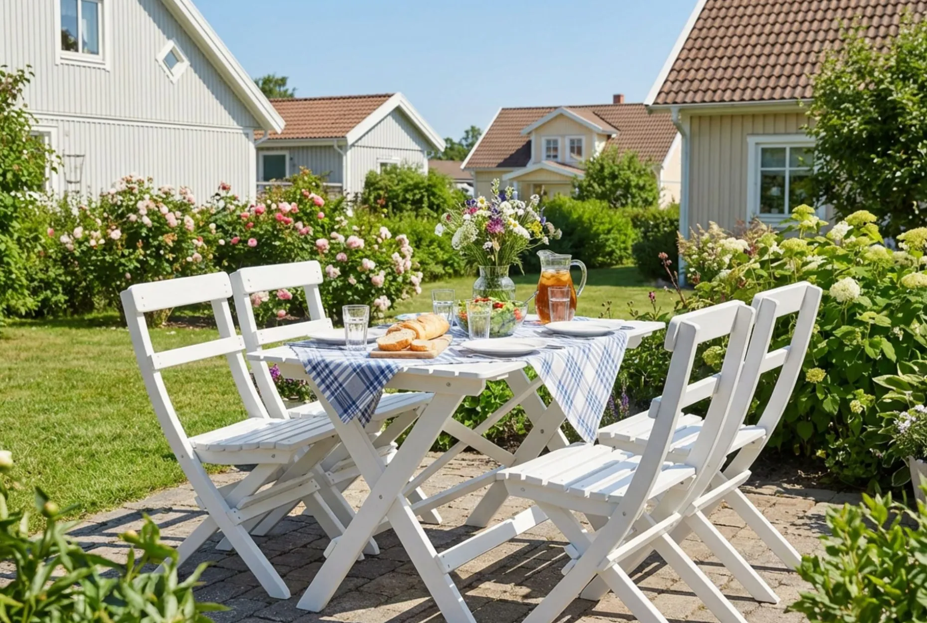 Landet utendørs spisegruppe 118x70x74 cm med 4 klappstoler