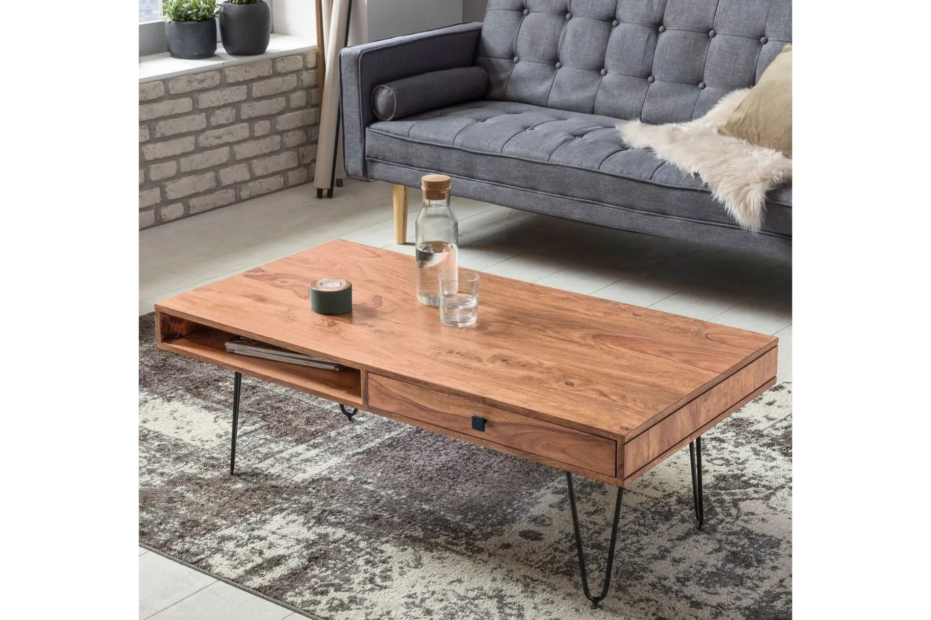 Langner Sofabord 60 cm med Oppbevaring 2 Skuffer + Hyller