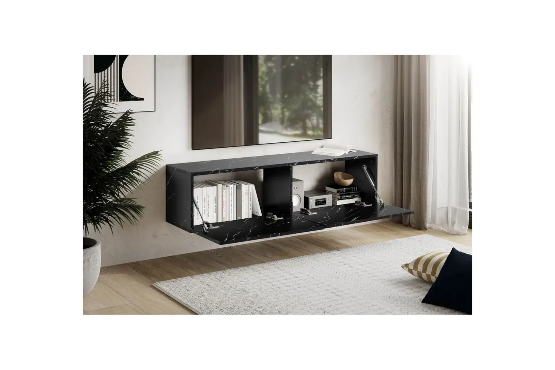 Lavbord Wohnling Foliert oppheng med klaffdør Moderne Marmor, Svart, 120 cm