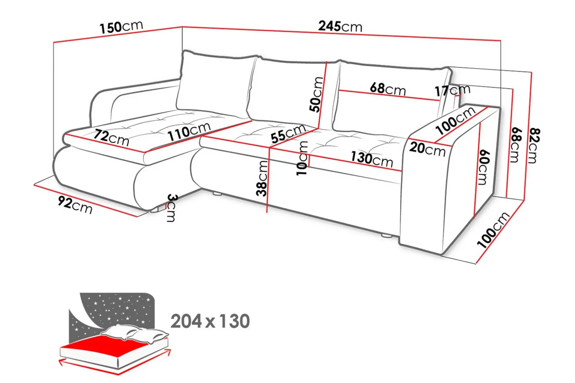 Lecanto 3-seters Sovesofa med Divan