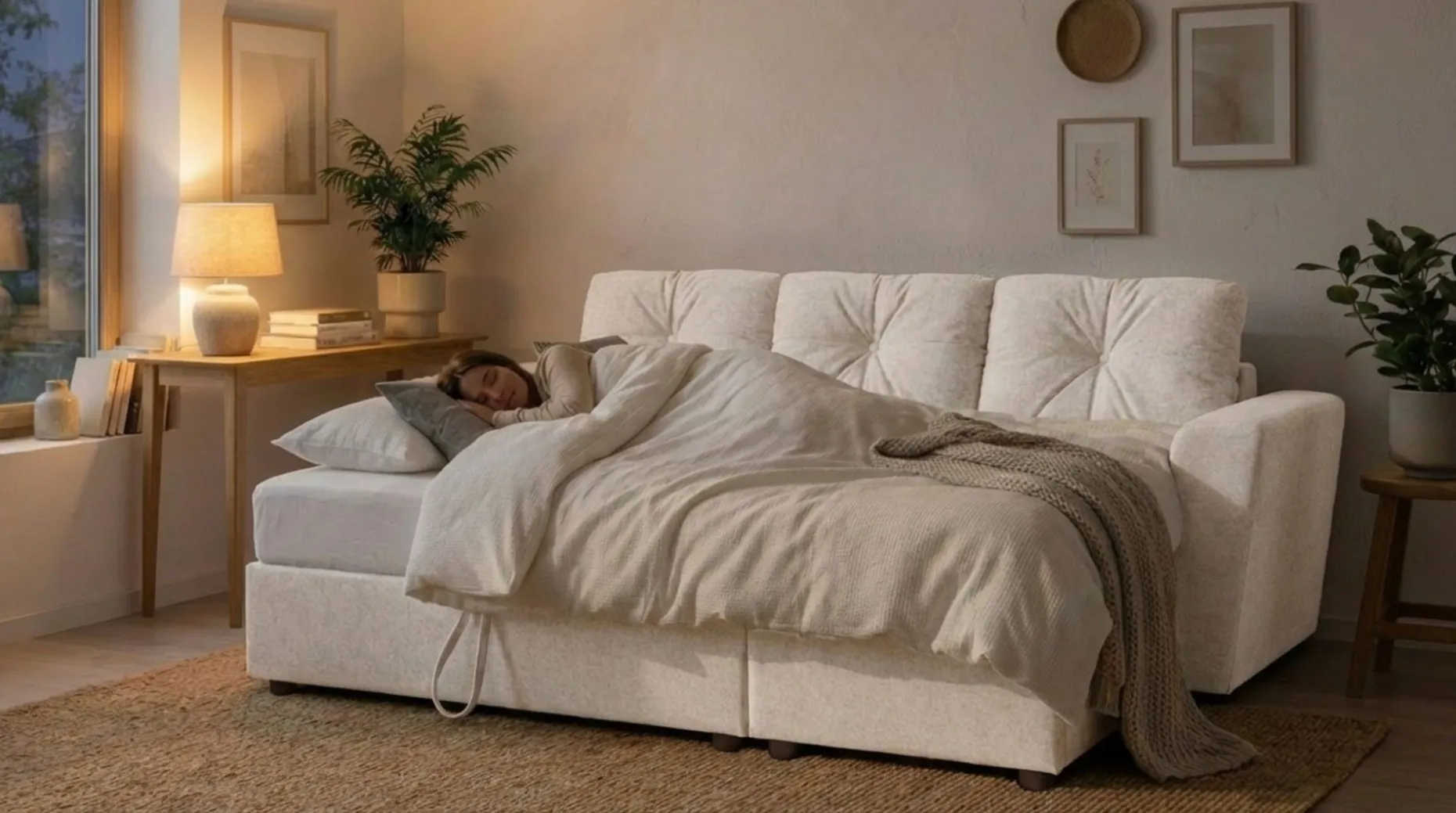 Leia 3-seters vendbar sovesofa med sjeselong og oppbevaring