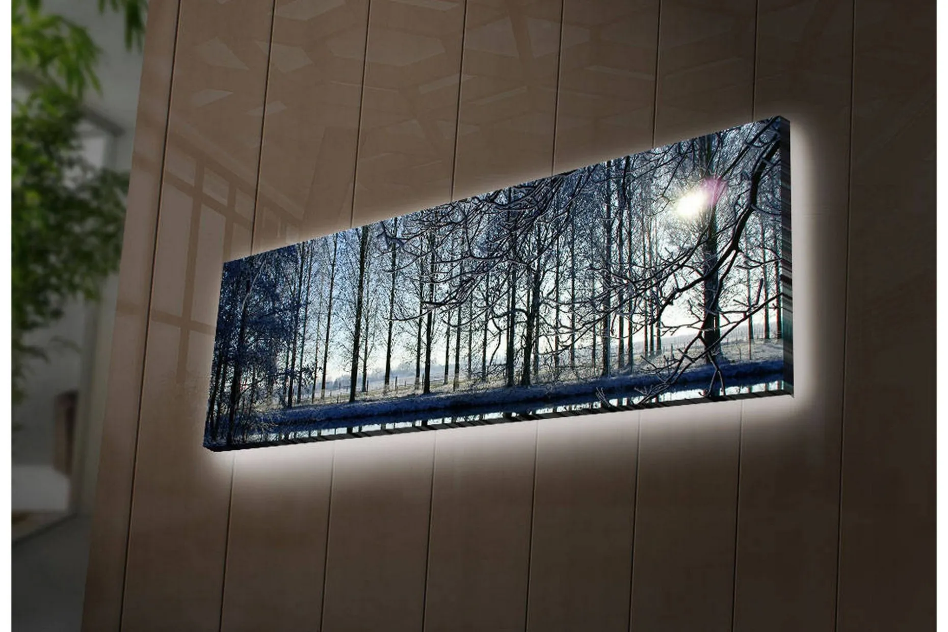 Lerretsbilde med LED-belysning 30x90 cm - Vinterlandskap med snødekte trær og en svak solstråle