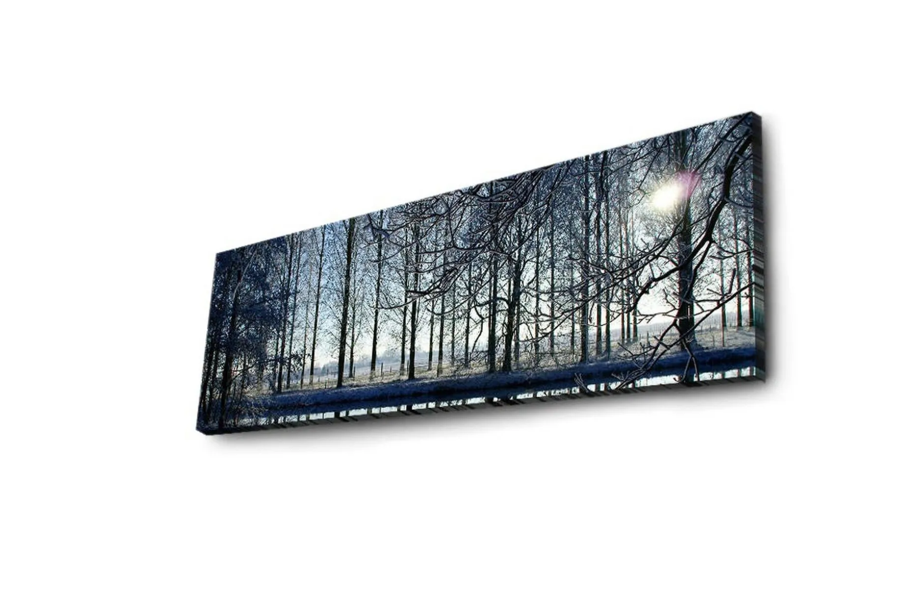 Lerretsbilde med LED-belysning 30x90 cm - Vinterlandskap med snødekte trær og en svak solstråle