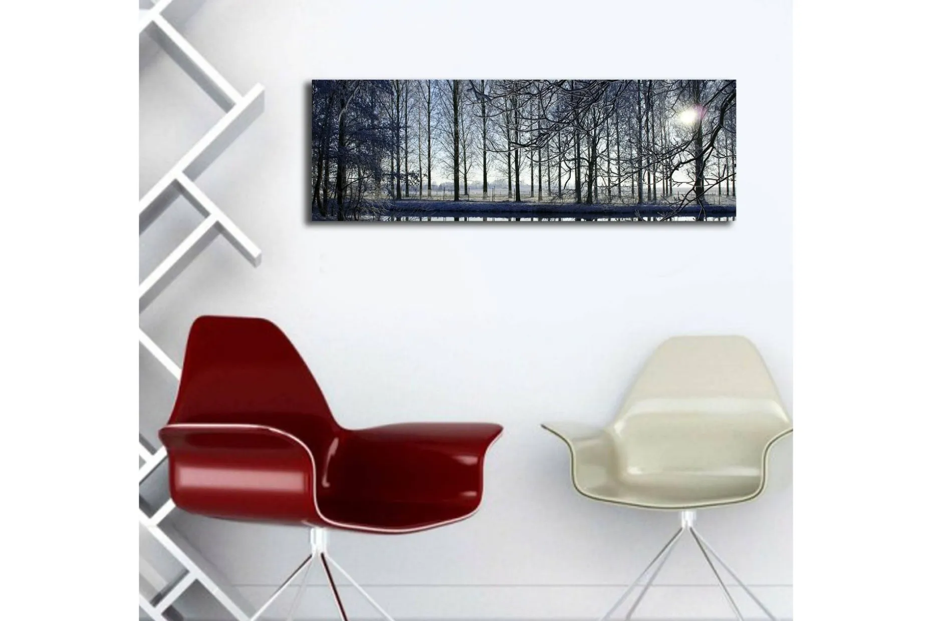 Lerretsbilde med LED-belysning 30x90 cm - Vinterlandskap med snødekte trær og en svak solstråle