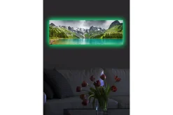 Lerretsbilde med LED-belysning 30x90 cm - Storslått fjellandskap med en glitrende innsjø