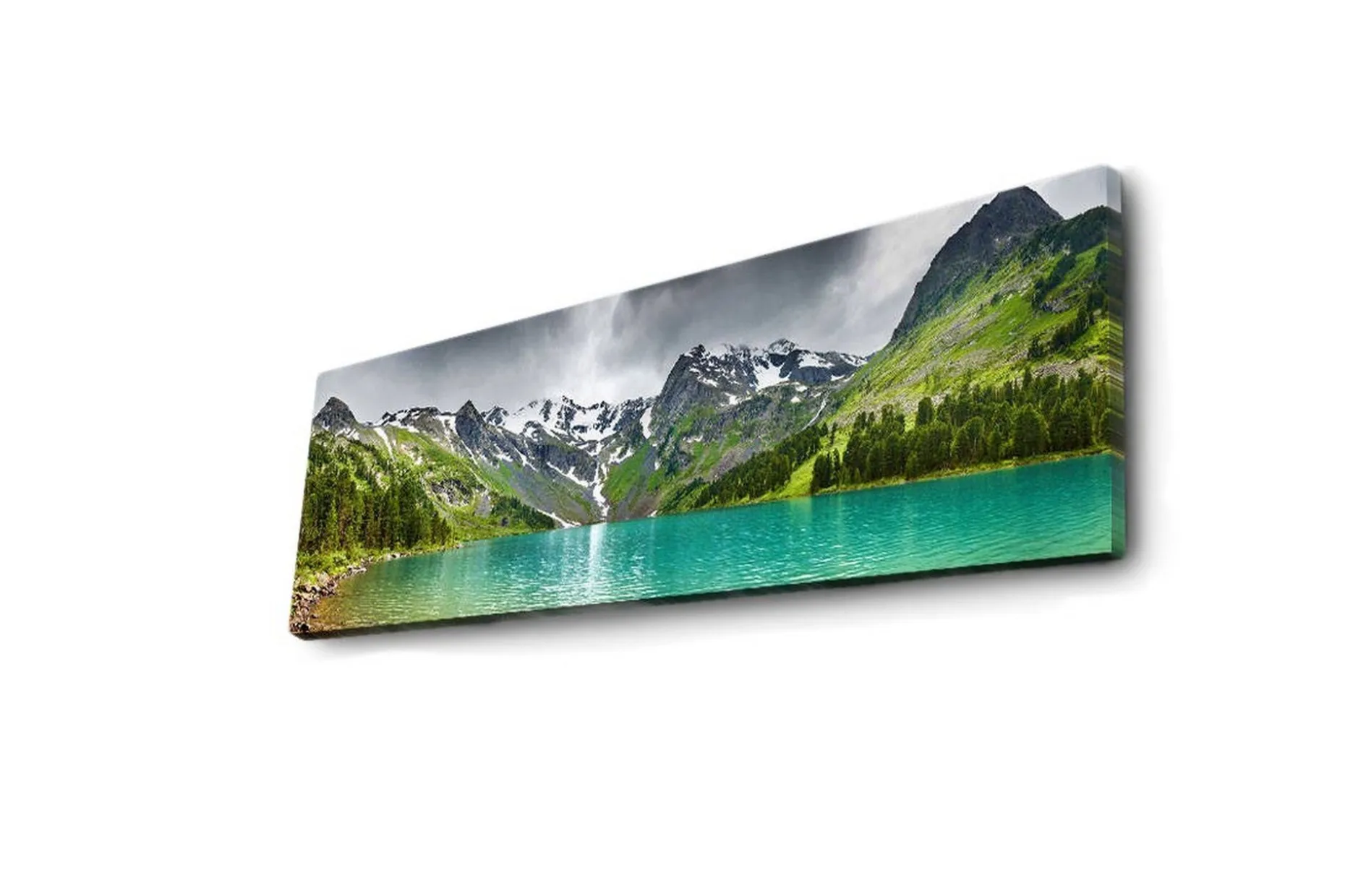 Lerretsbilde med LED-belysning 30x90 cm - Storslått fjellandskap med en glitrende innsjø