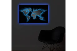 Lerretsbilde med LED-belysning 45x70 cm - Verdenskart med lyseblå konturer mot svart bakgrunn