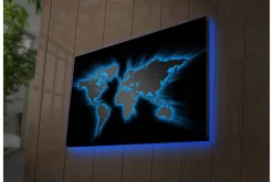 Lerretsbilde med LED-belysning 45x70 cm - Verdenskart med lyseblå konturer mot svart bakgrunn